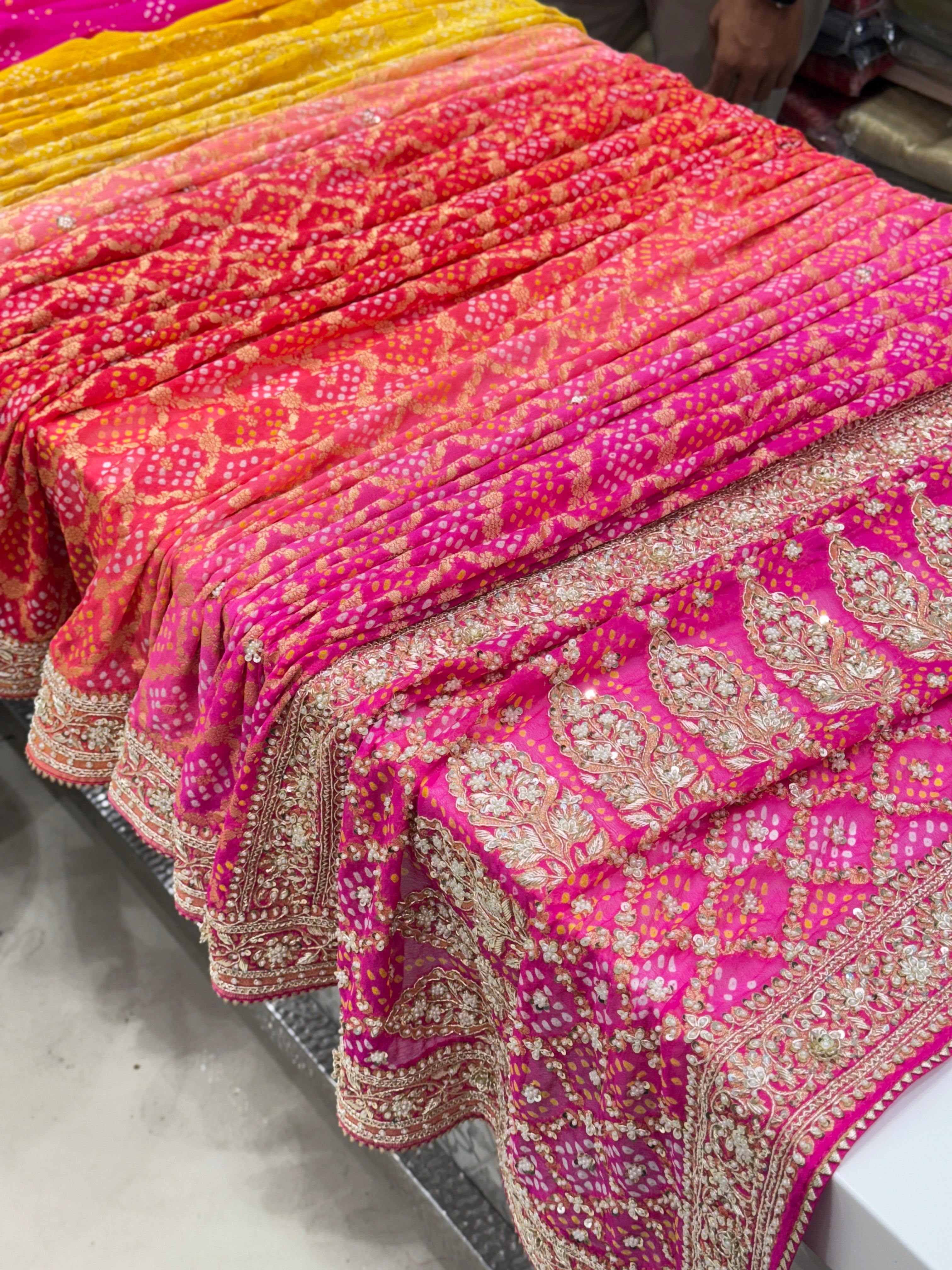 Six Colour Shaded Hand Embroidery Bandhej Saree