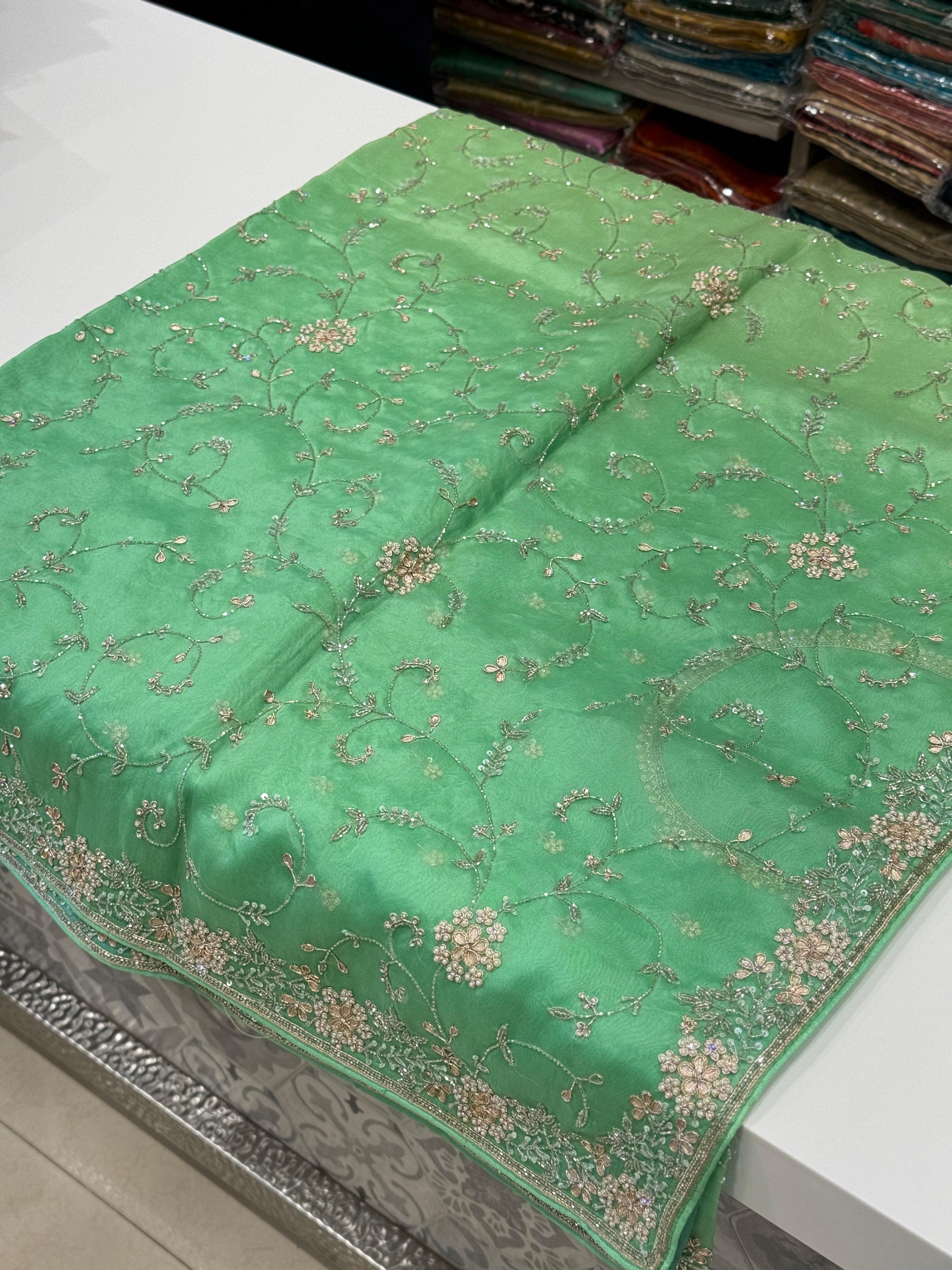 Green Shaded Jaal Organza Embroidery Saree