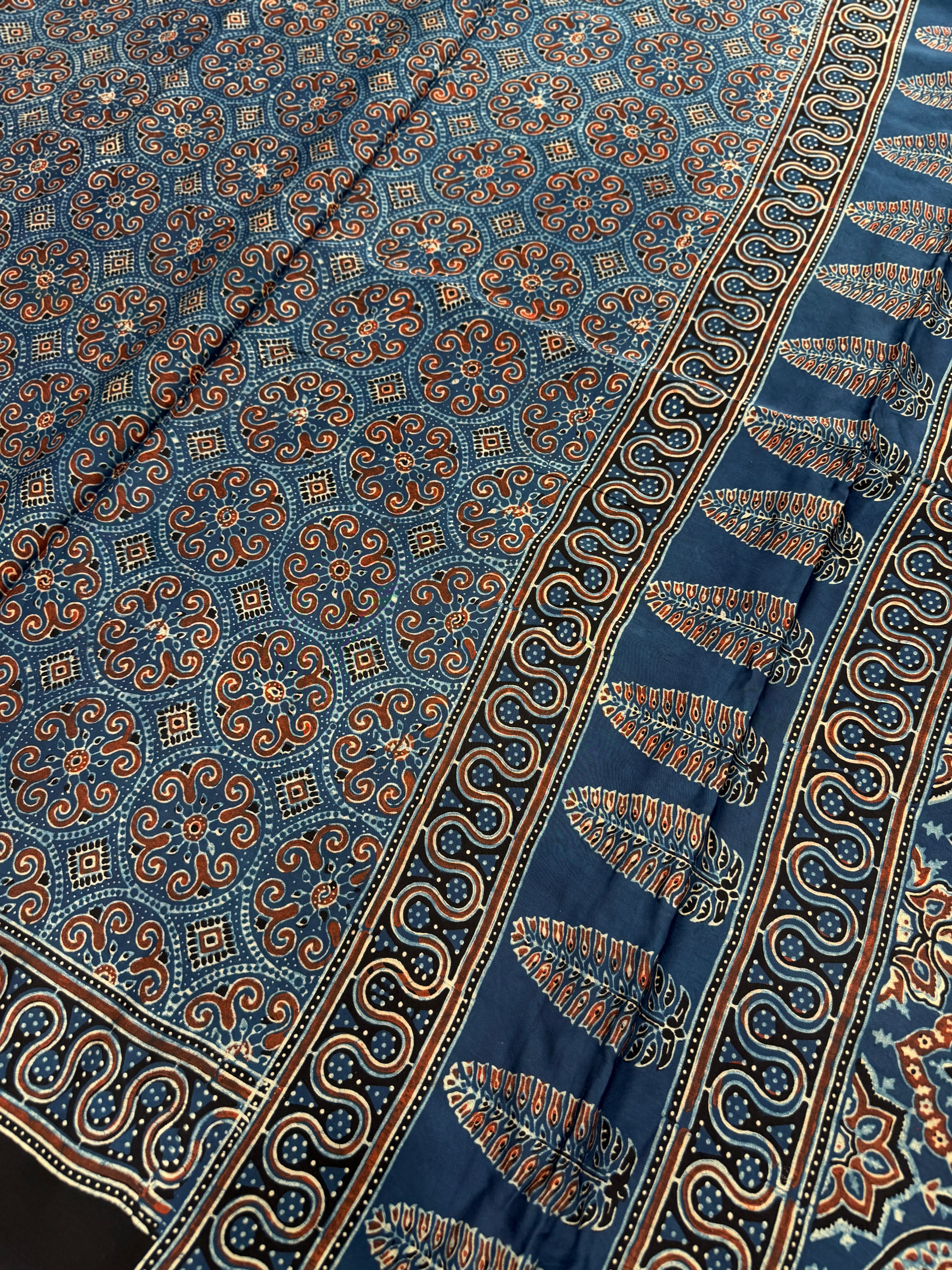 Blue Gol Jaal Ajrakh Hand Block Print Pure Gajji Silk Saree