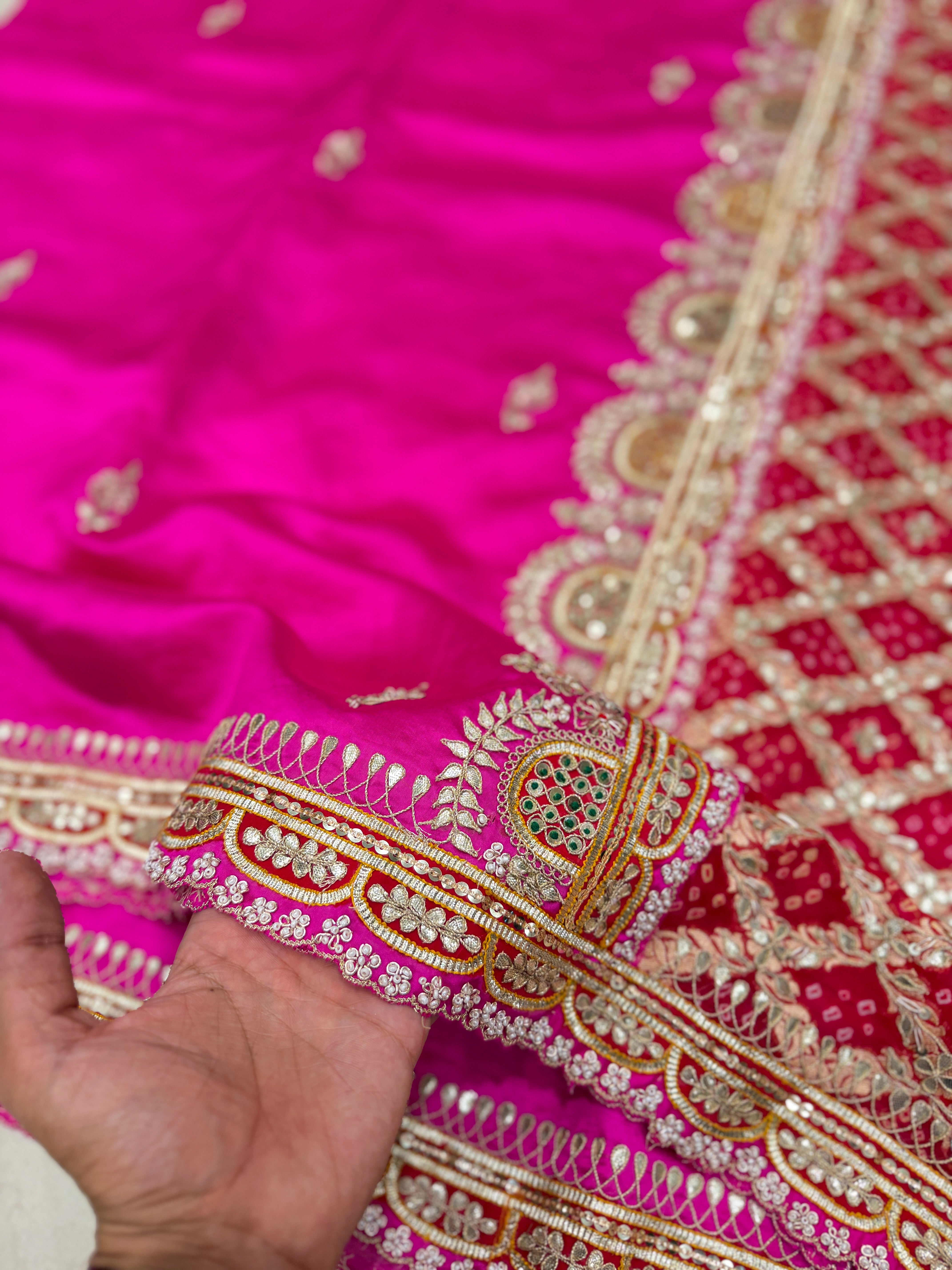 Rani Pink Pure Silk Bandhej Marodi Hand Embroidery Saree