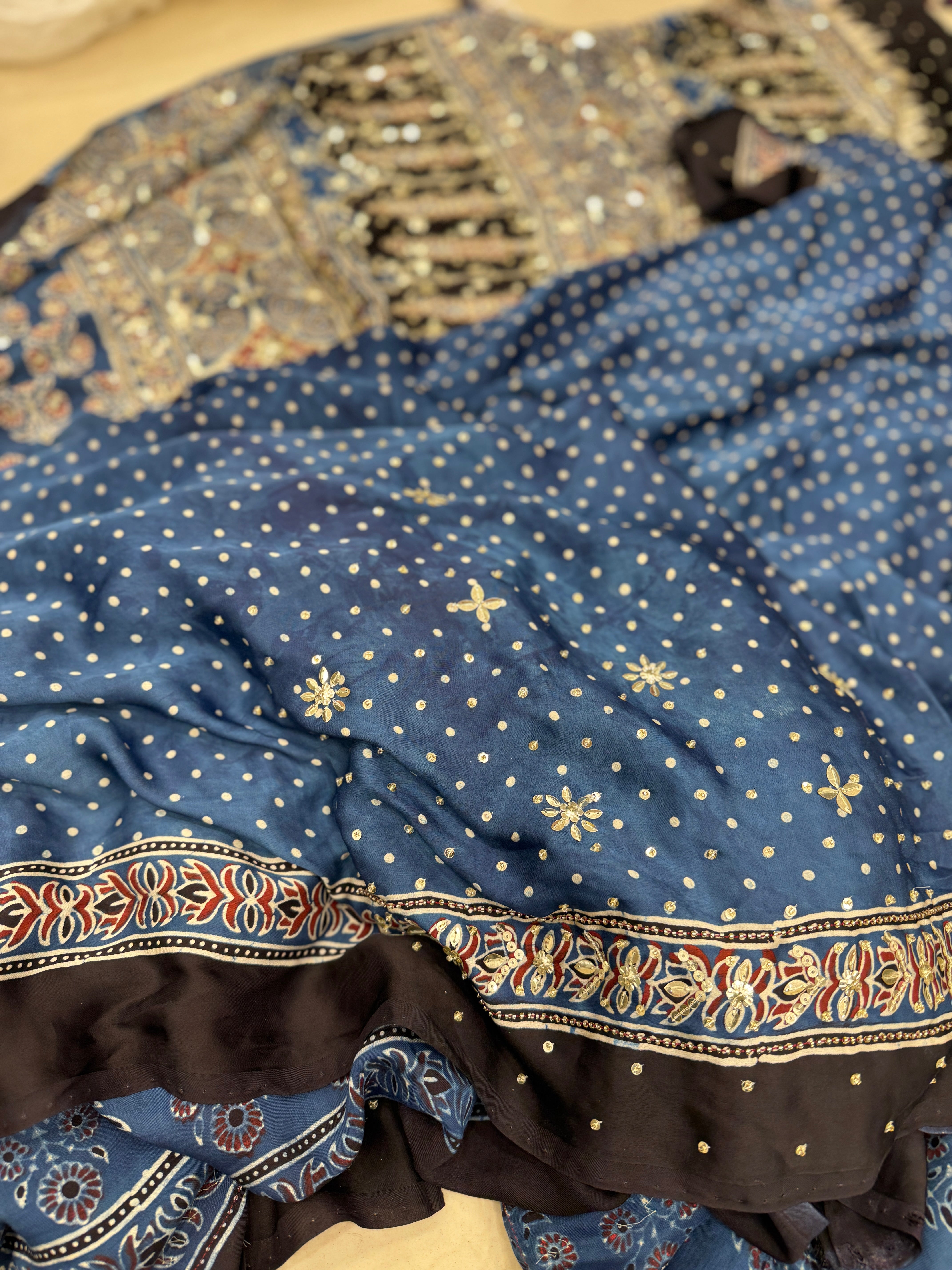 Blue Teen Buttis Ajrakh Hand Embroidery Saree