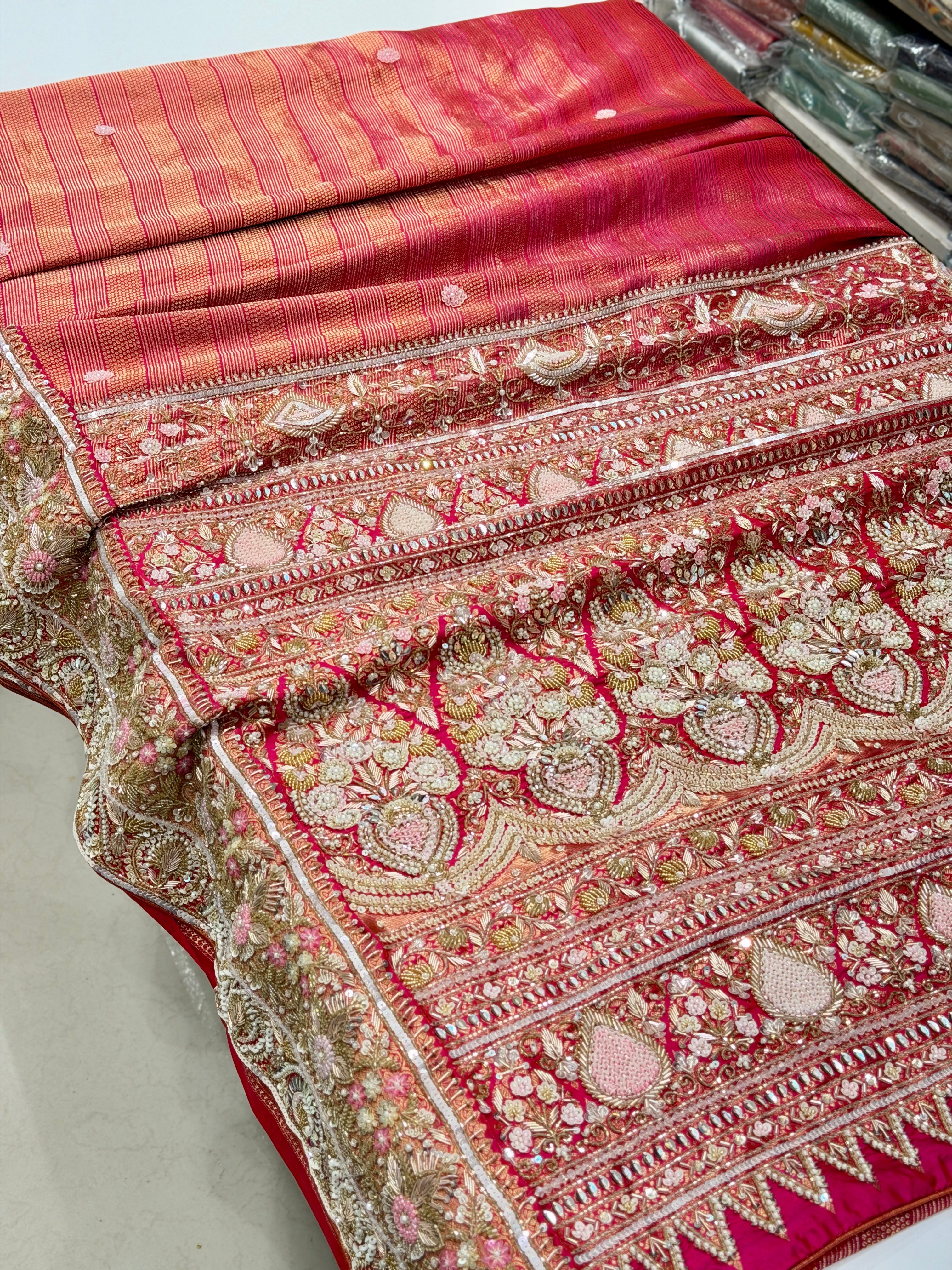 Rani Pink Kanjivaram Leheriya Weave Moti Zardosi Hand Embroidery Saree