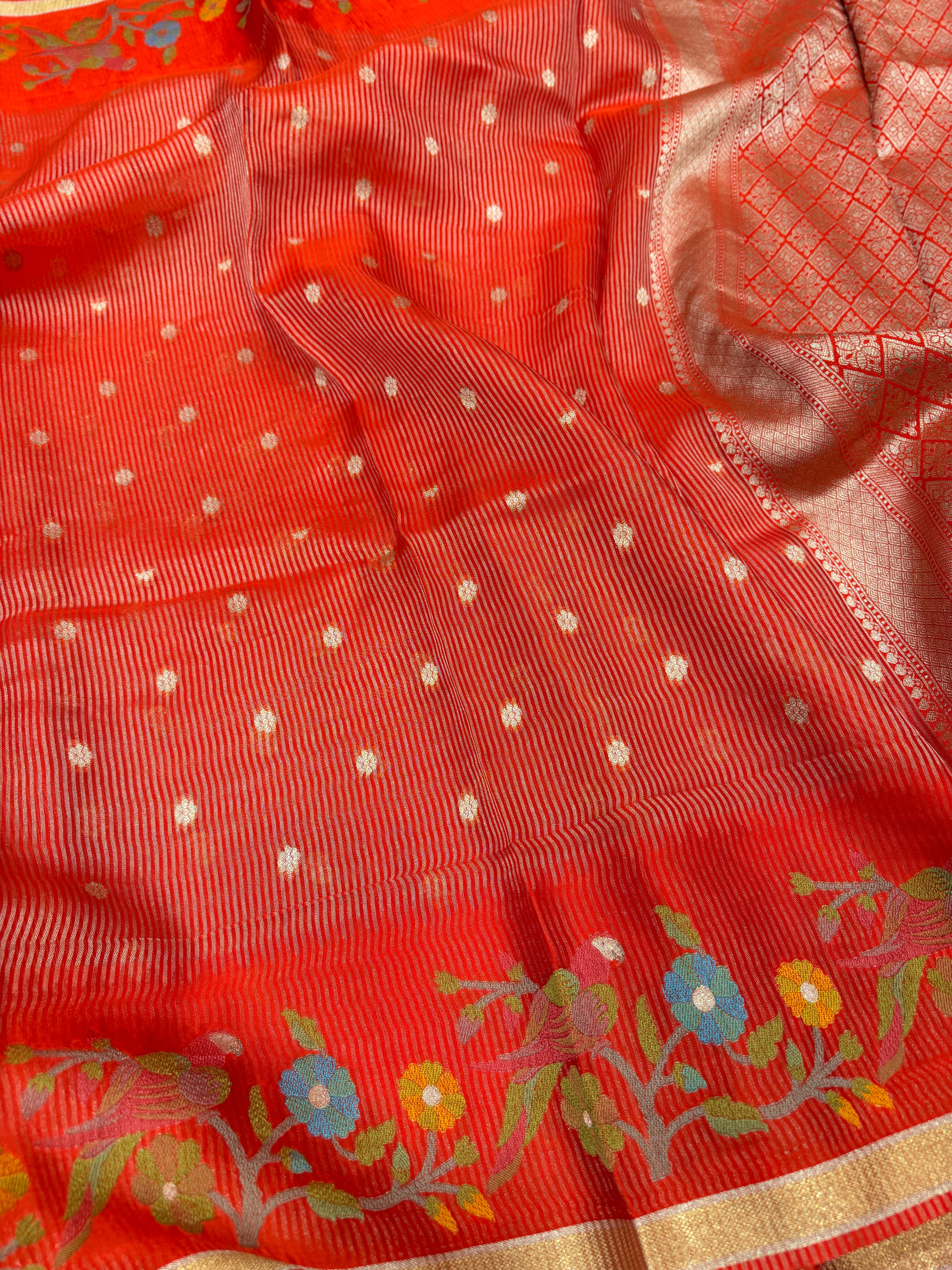 Red Contemporary Tissue Parsi Petit Point Weaved Saree