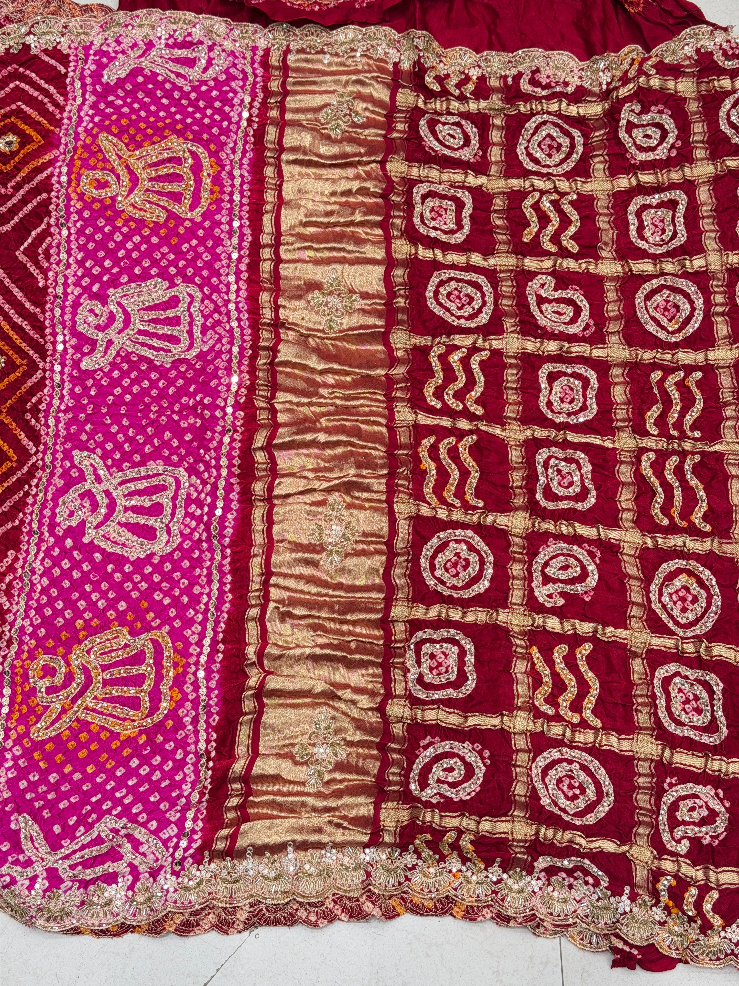 Maroon Rani Gajji Silk Rai Bandhej Gharchola Hand Embroidery Saree