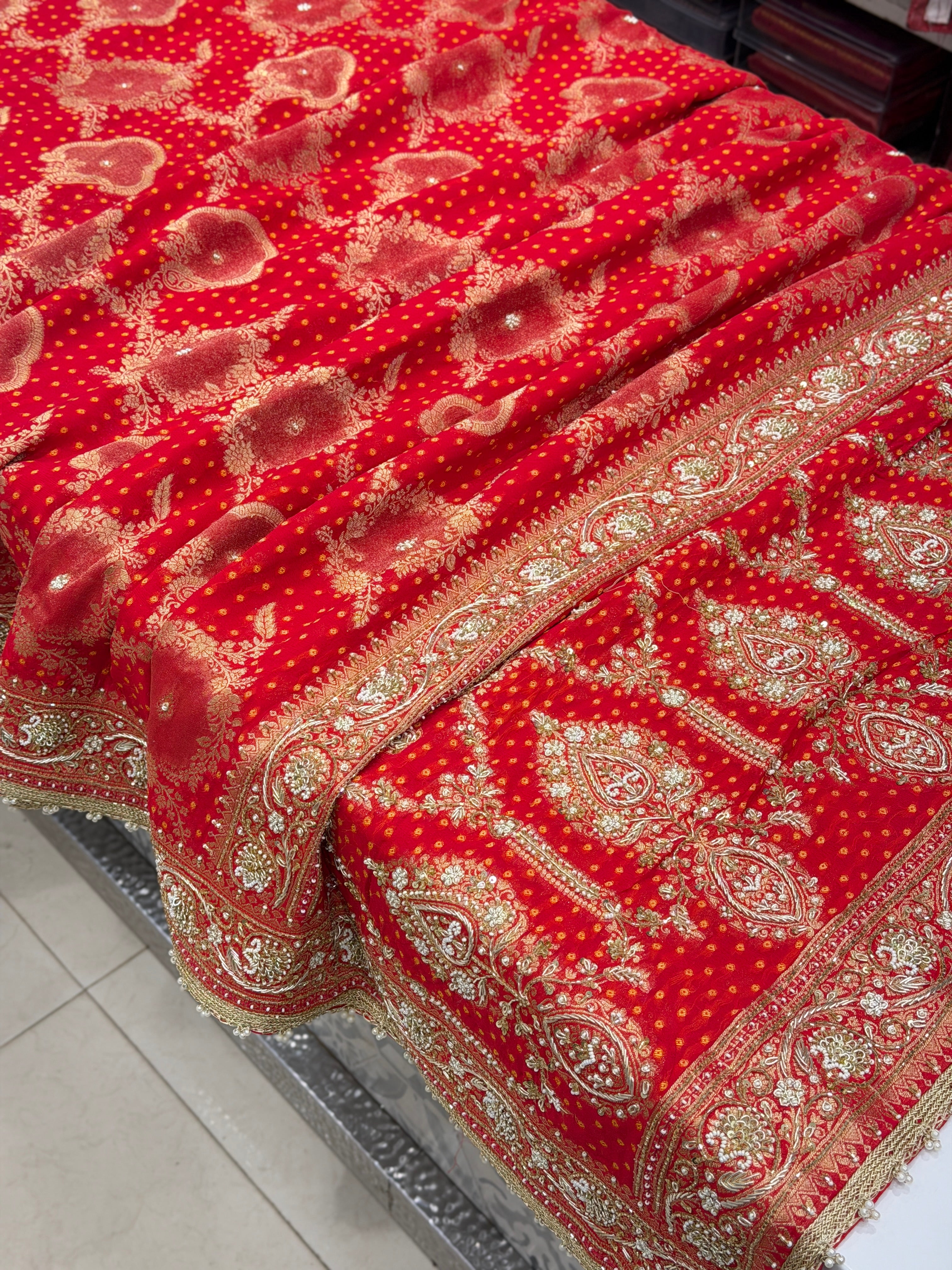 Red Woven Bandhej Zardodi Moti Hand Embroidery Saree