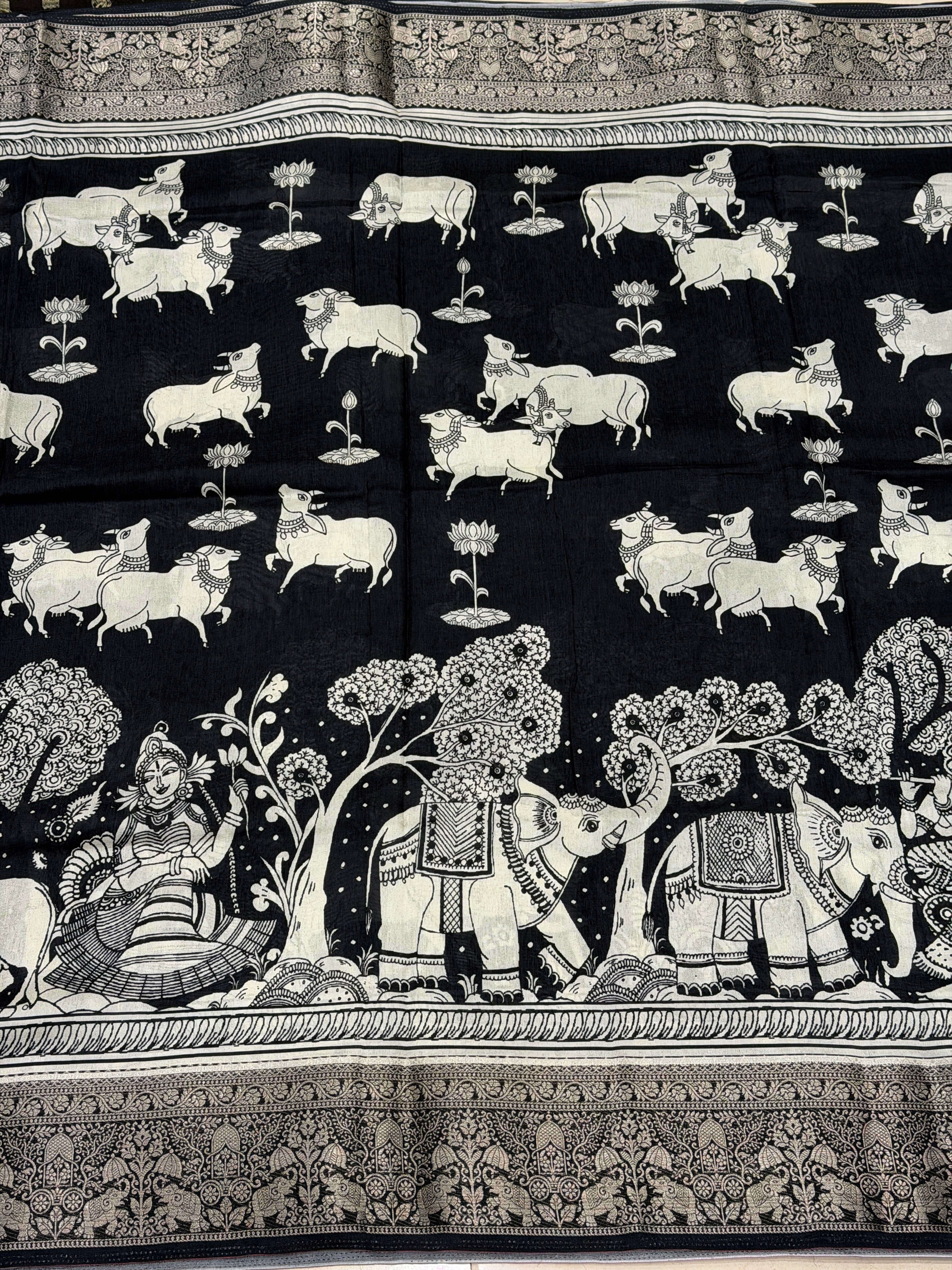 Black and White Printed Pichwai Munga Silk Saree