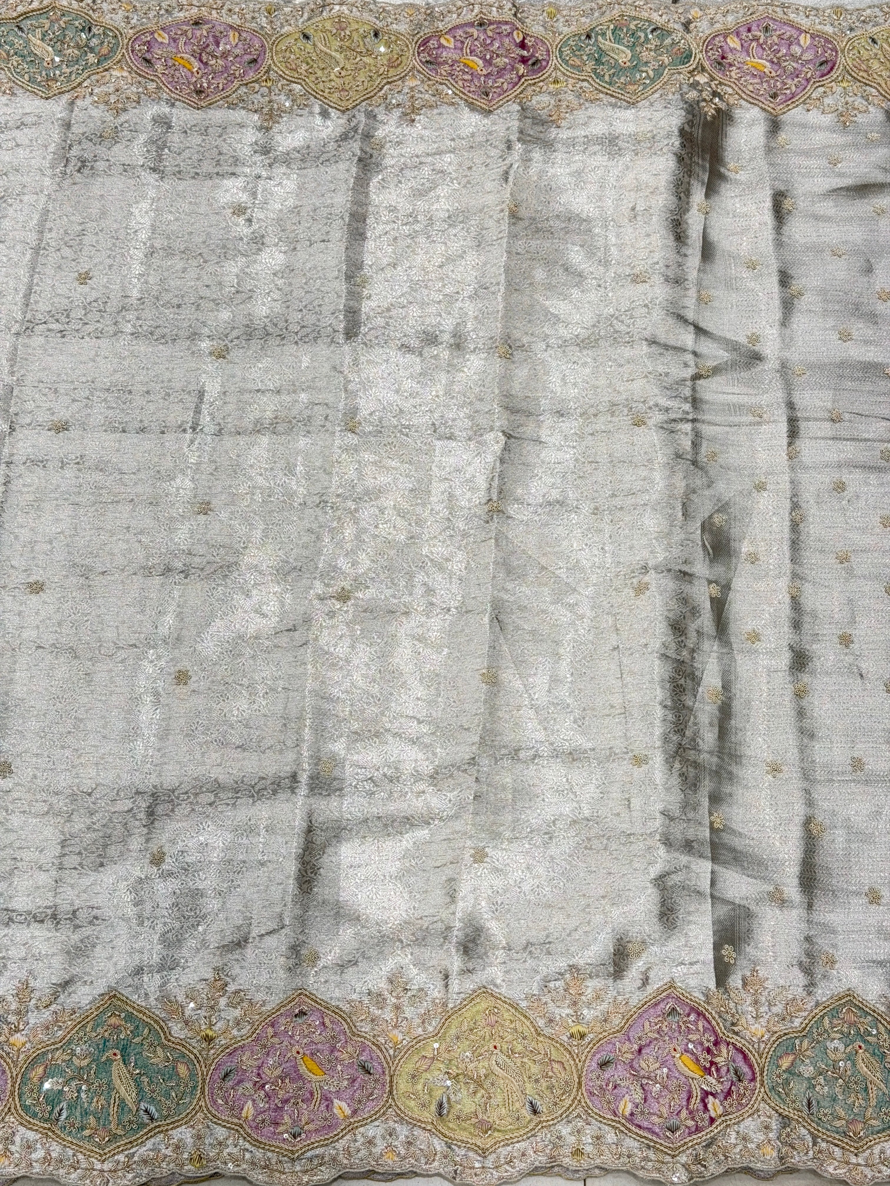 Silver Tissue Kanjivaram Zardosi Patch Work Hand Embroidery Saree