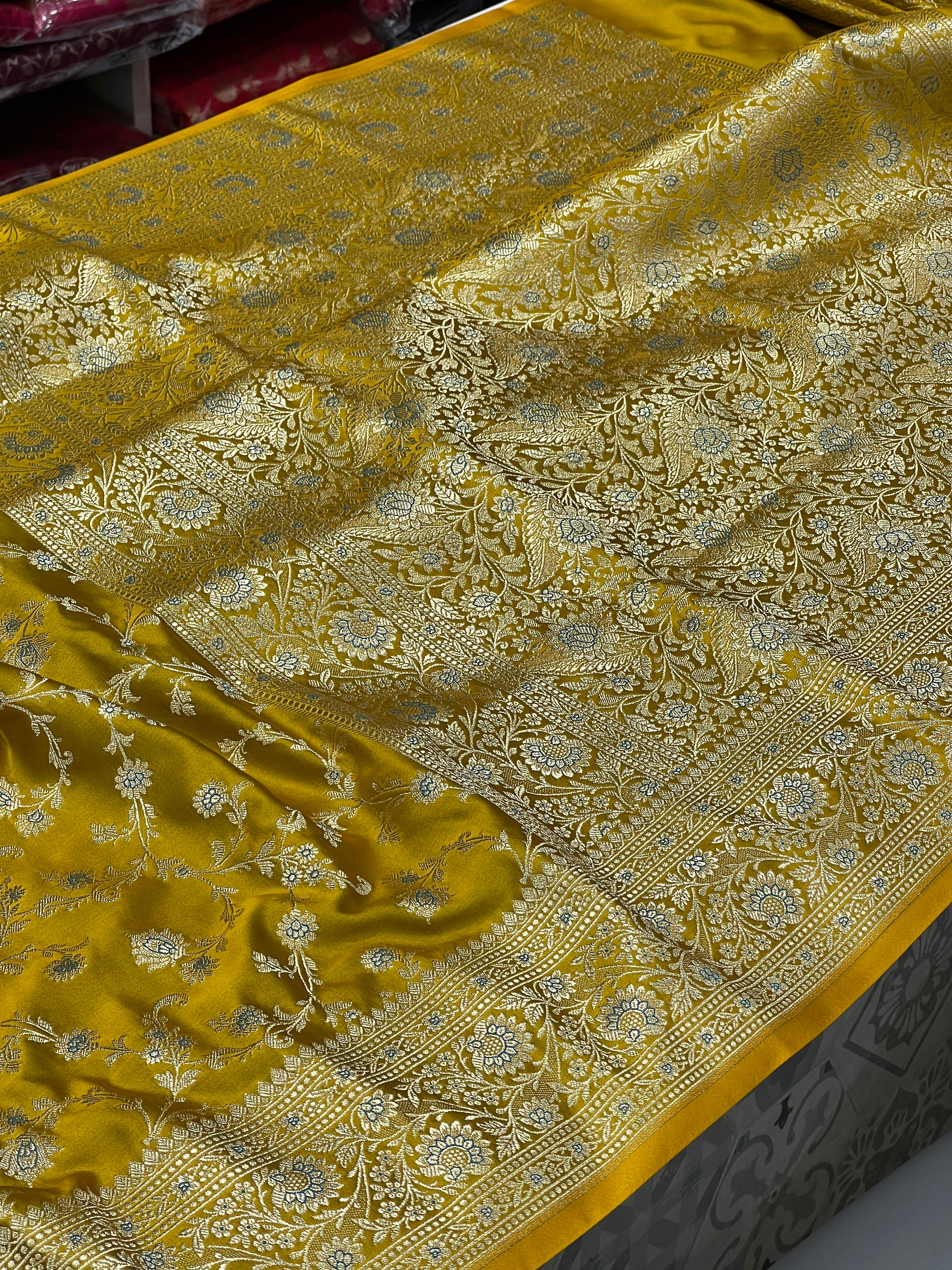 Greenish Yellow Banarasi Upside Down Border Saree