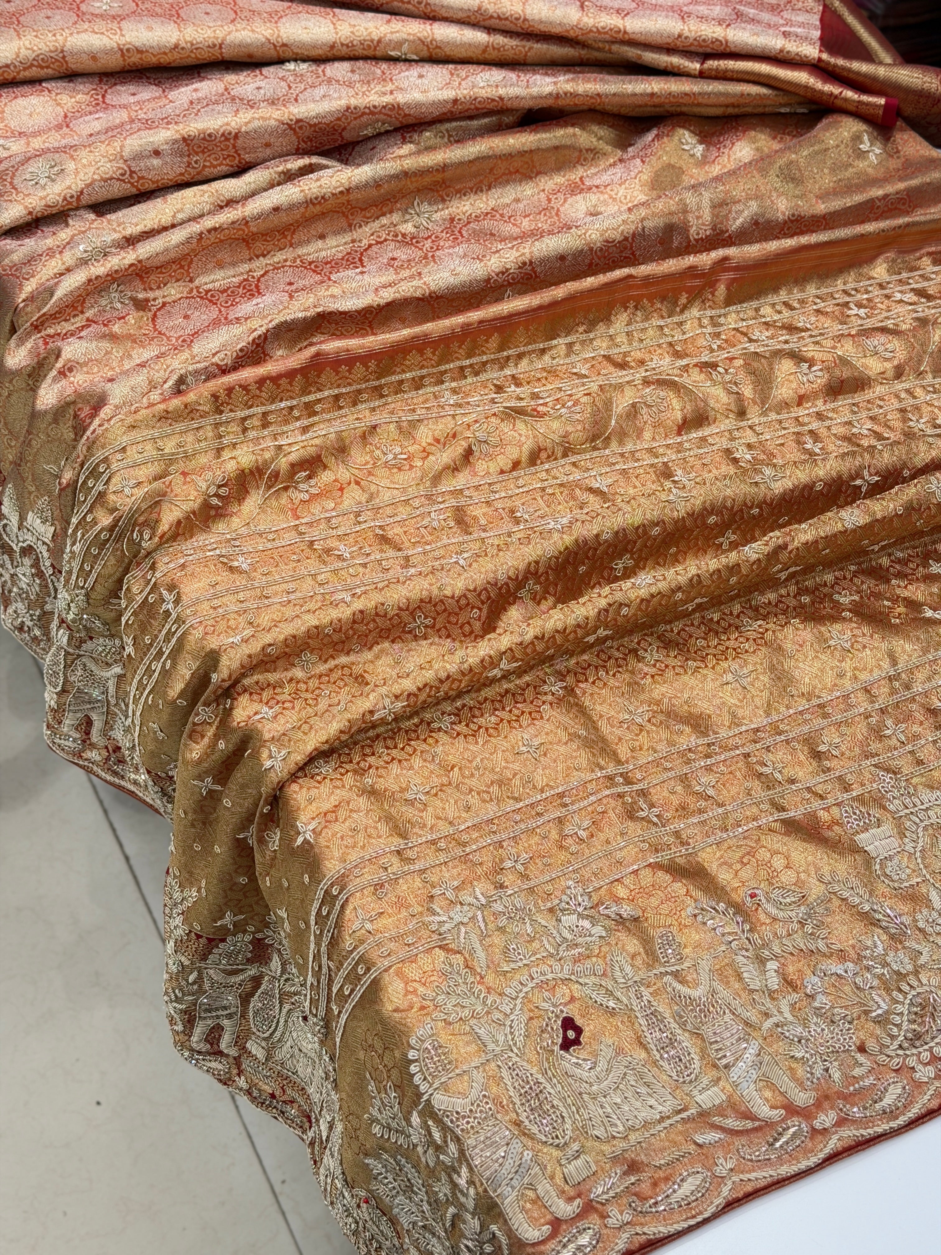 Red Tissue Kanjivaram Zardosi Doli Hand Embroidery Saree