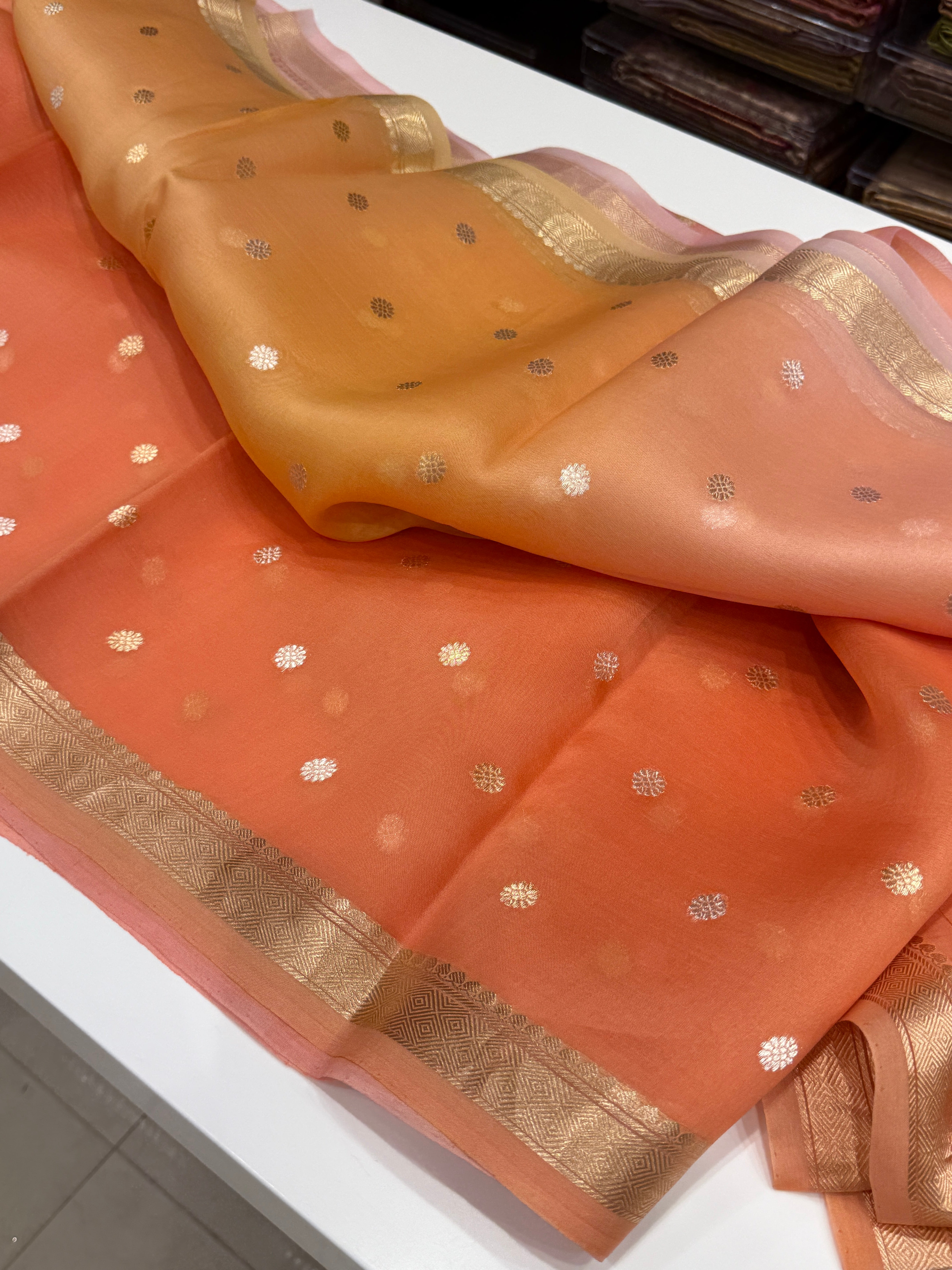 Orange Shaded Banarasi Handloom Kora Saree