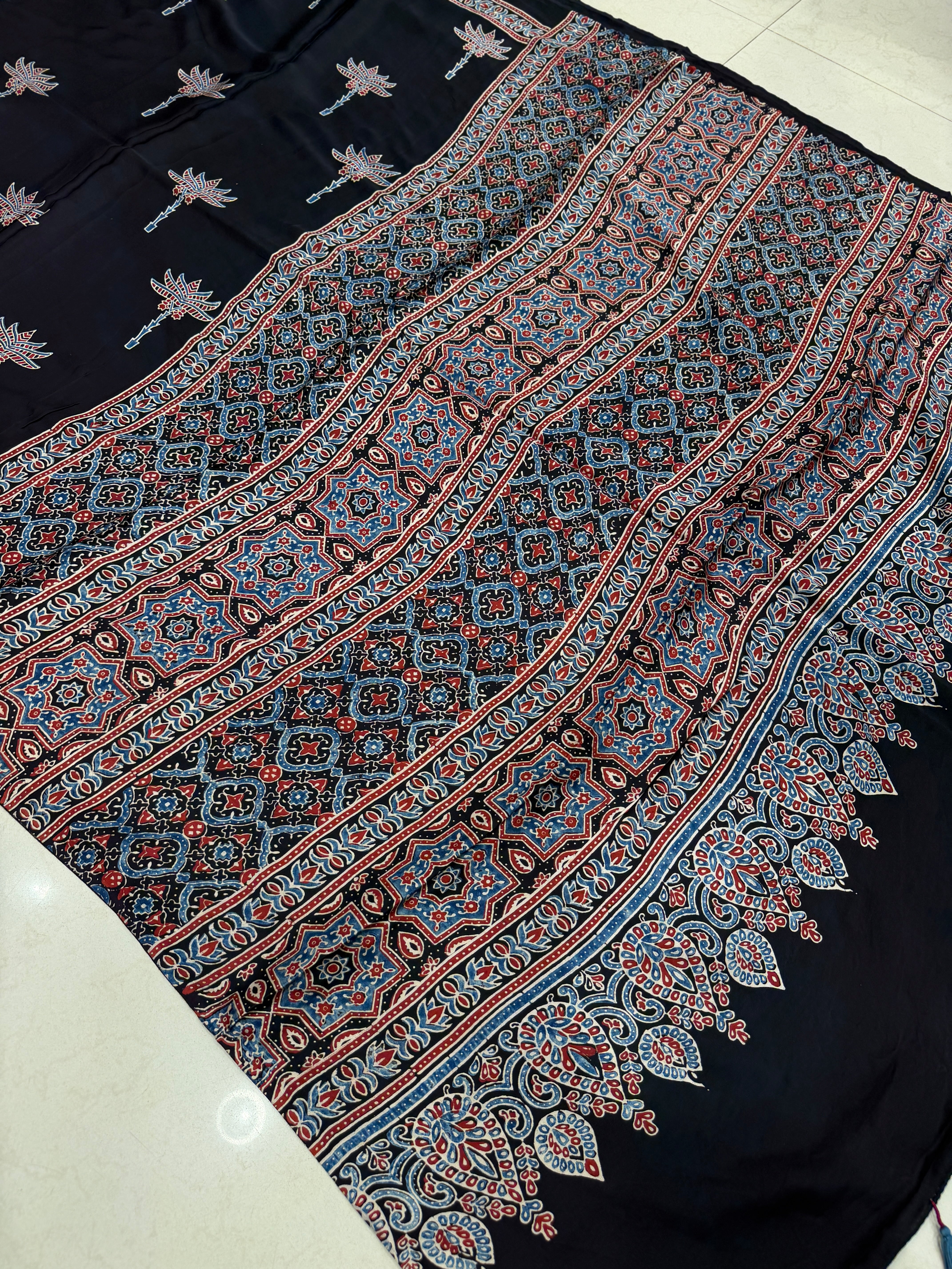 Black Contemporary Buttas Ajrakh Hand Block Print Pure Gajji Silk Saree