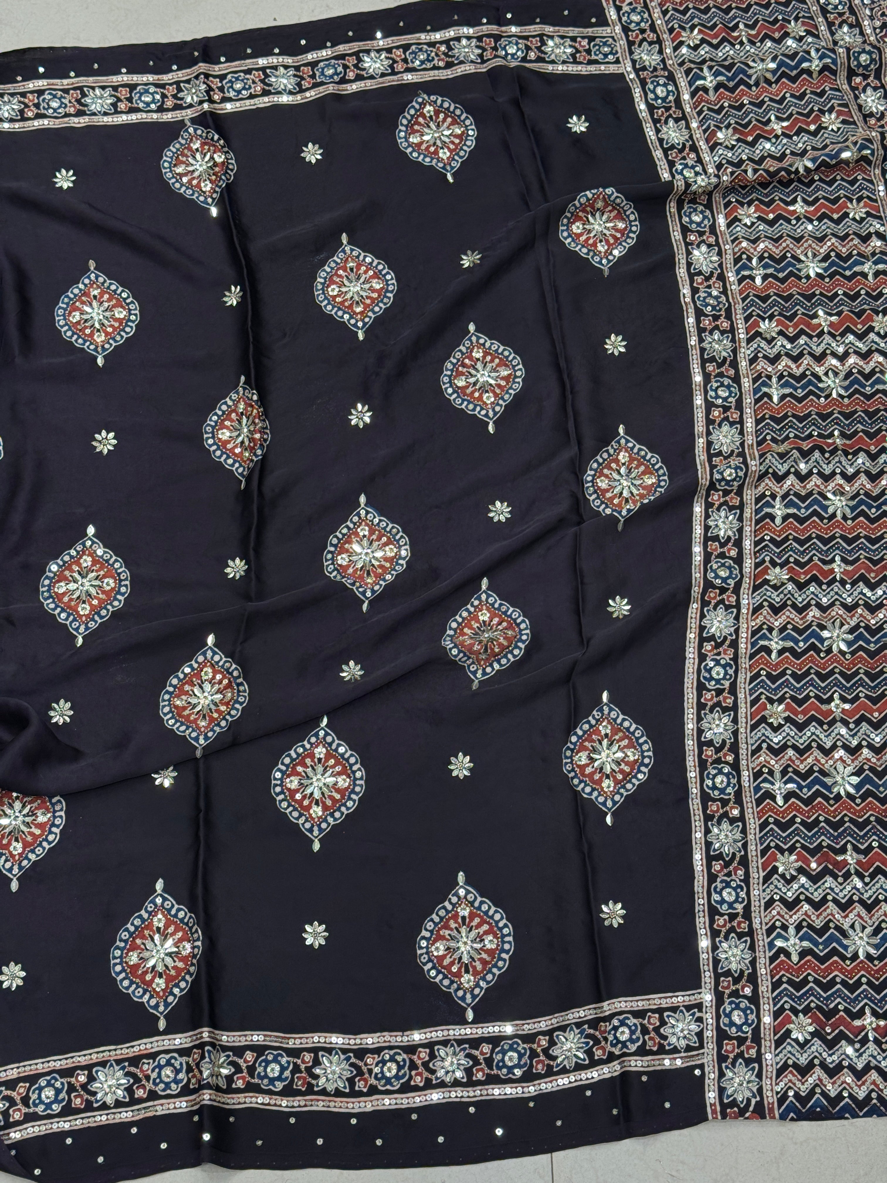 Black Ajrakh Badam Butta Moti Sequin Ajrakh Hand Embroidery Saree