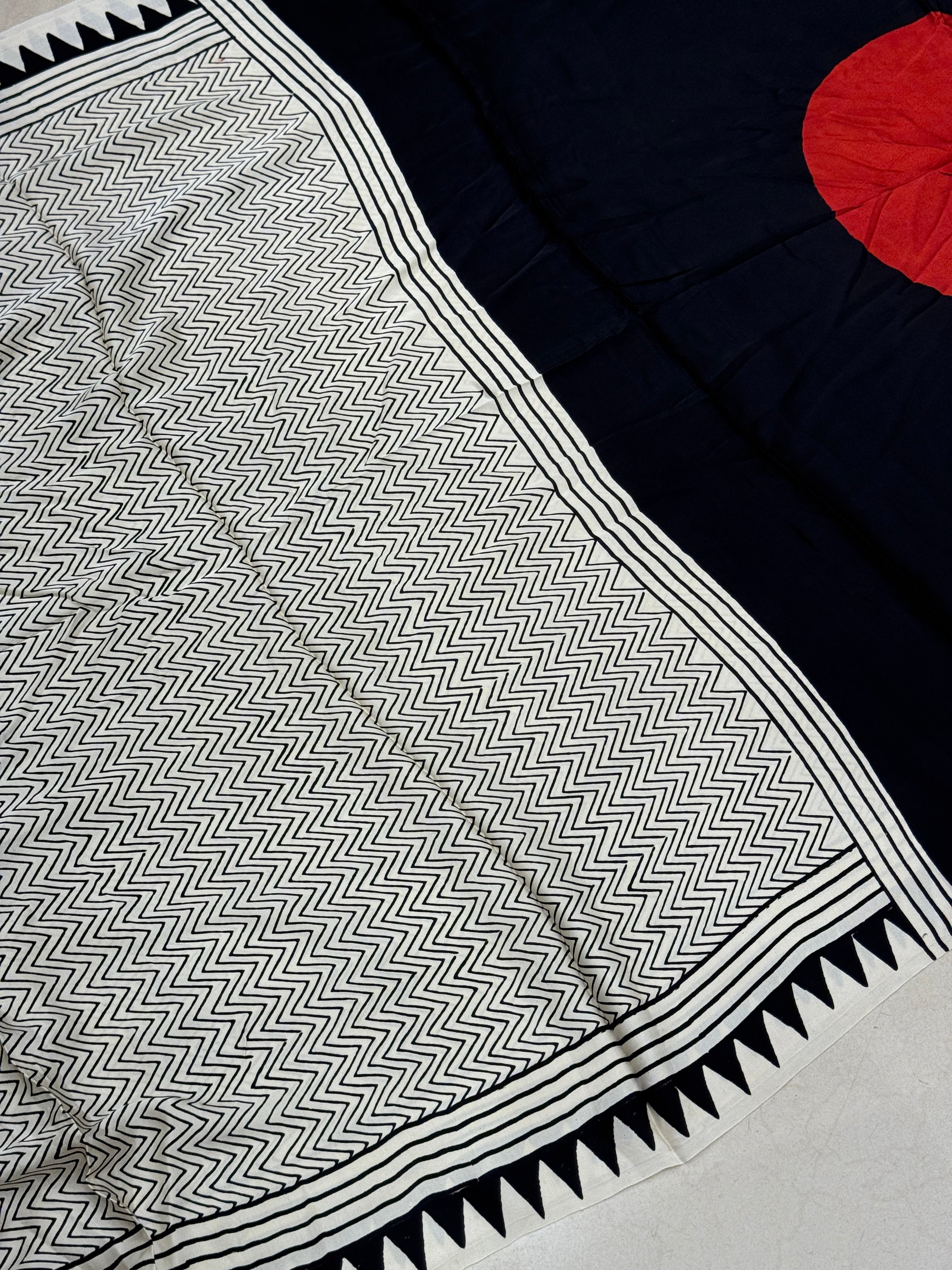 White Black Contemporary Moon Pallu Ajrakh Block Print Hand Pure Gajji Silk Saree