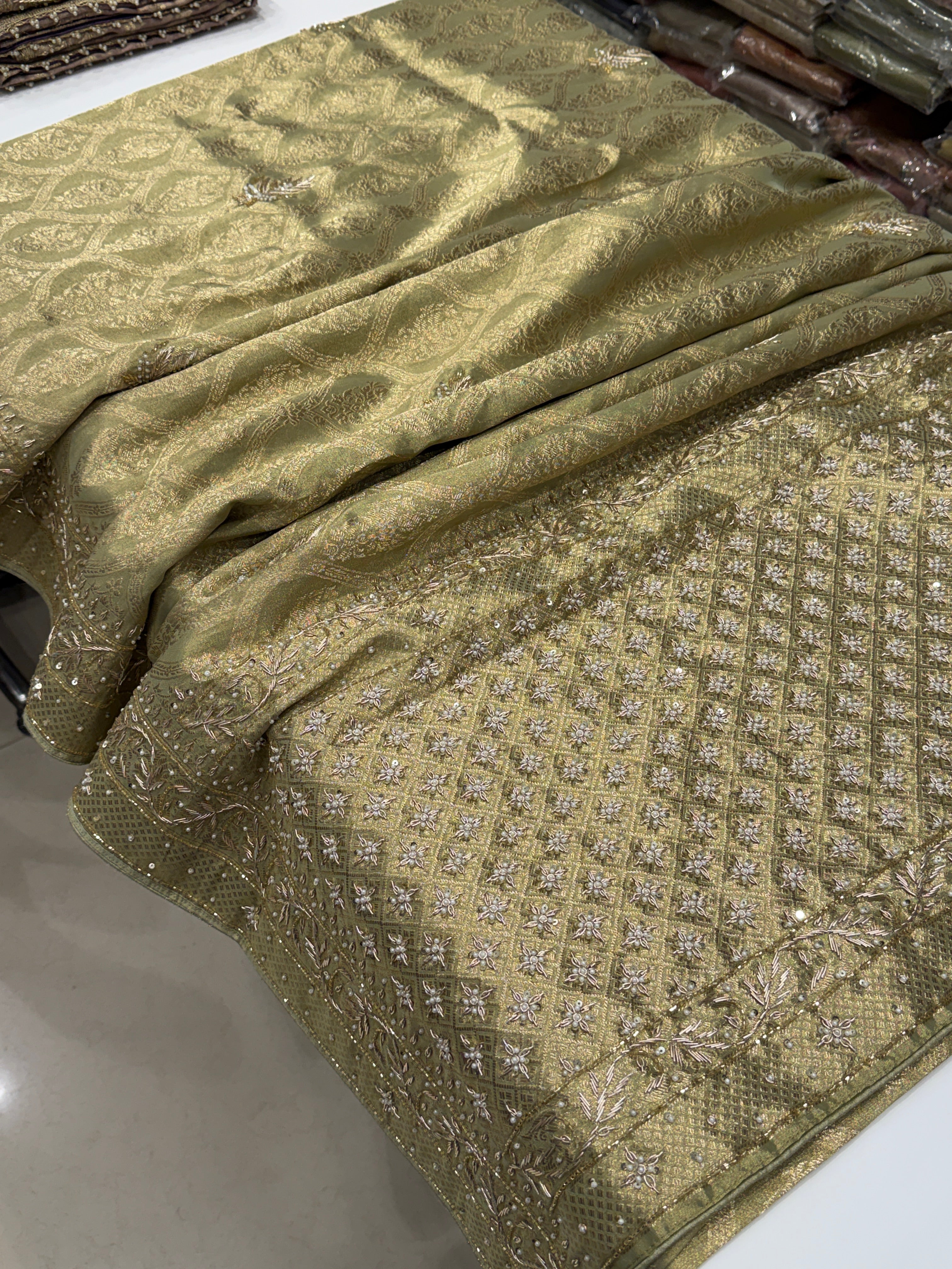 Pista Green Crown Jaal Banarasi Zardosi Embroidery Saree