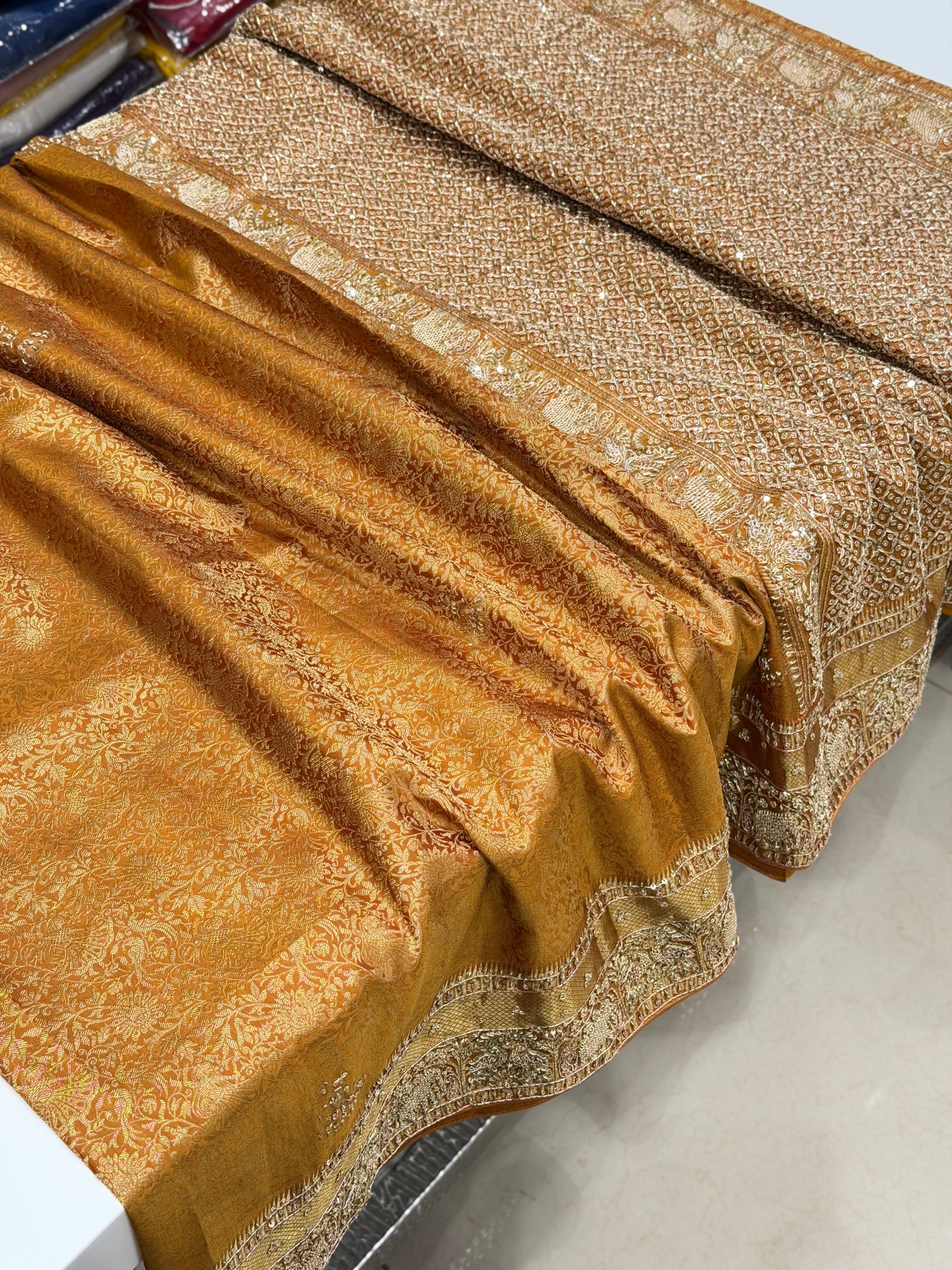 Mustard Yellow Kanjivaram Elephant Motif Hand Embroidery Zardosi Saree