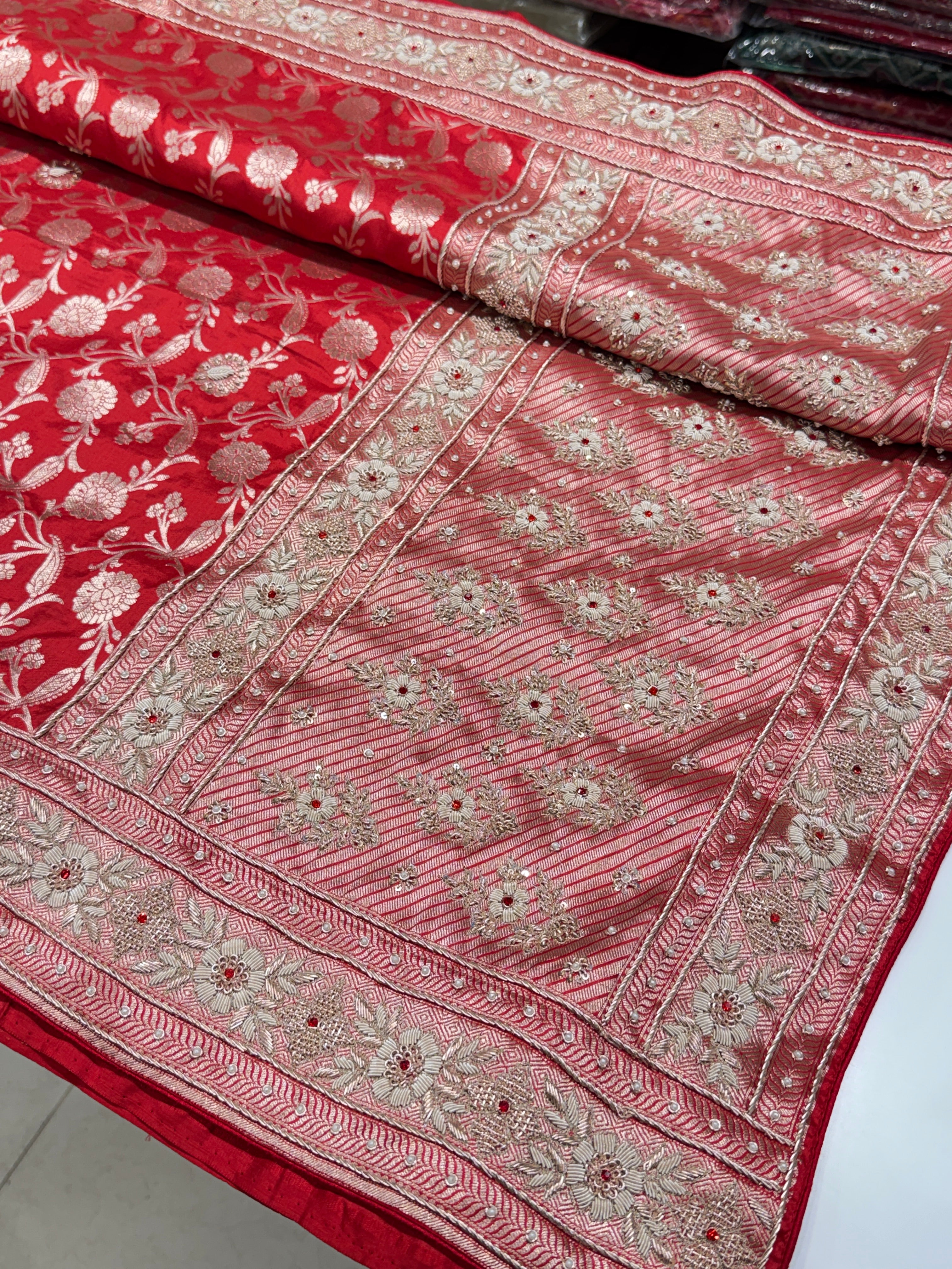 Red Jaal Handloom Banarasi Pure Katan Crystal Zardosi Embroidery Saree