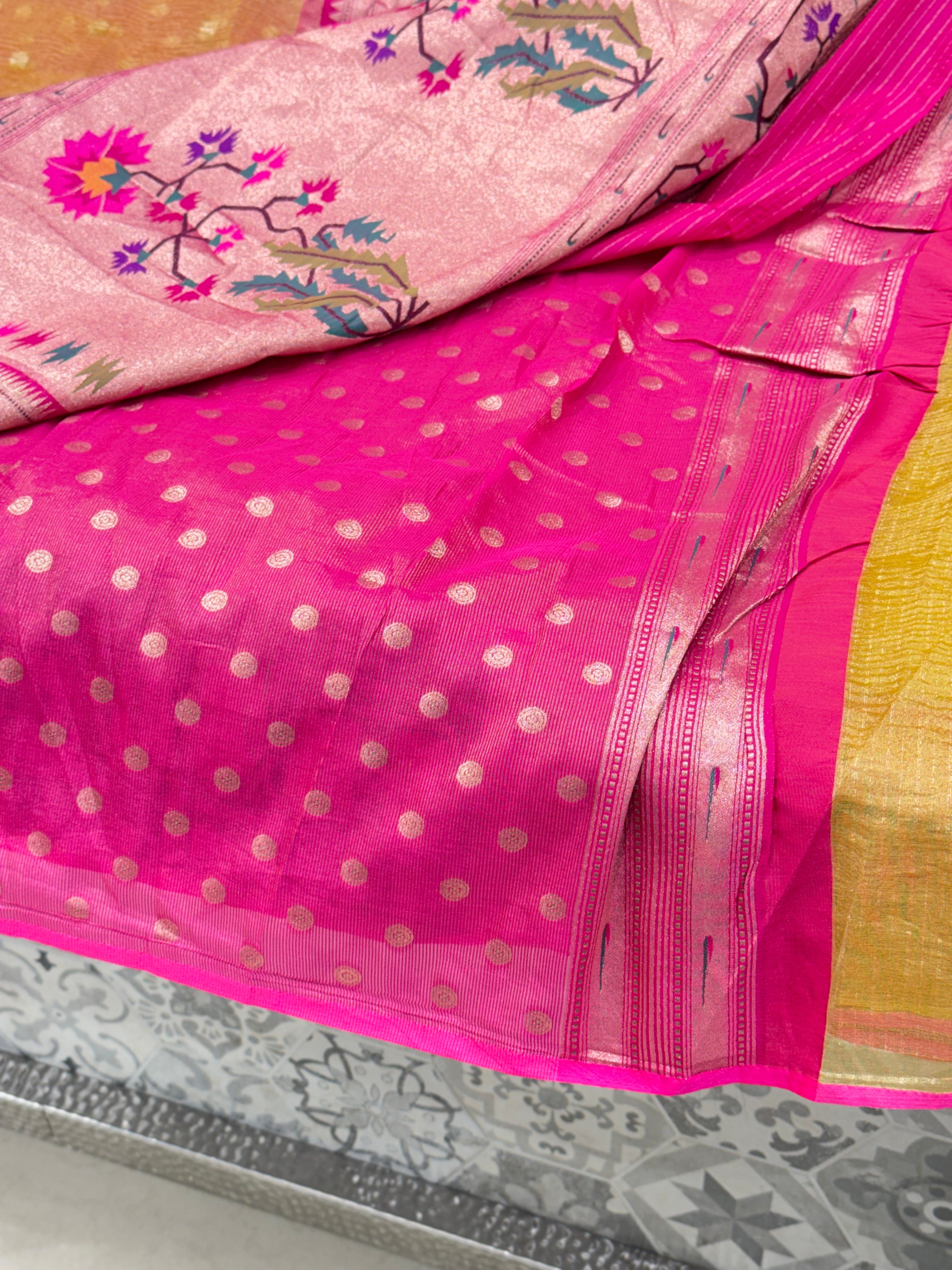 Yellow Crushed Tissue Paithani Saree