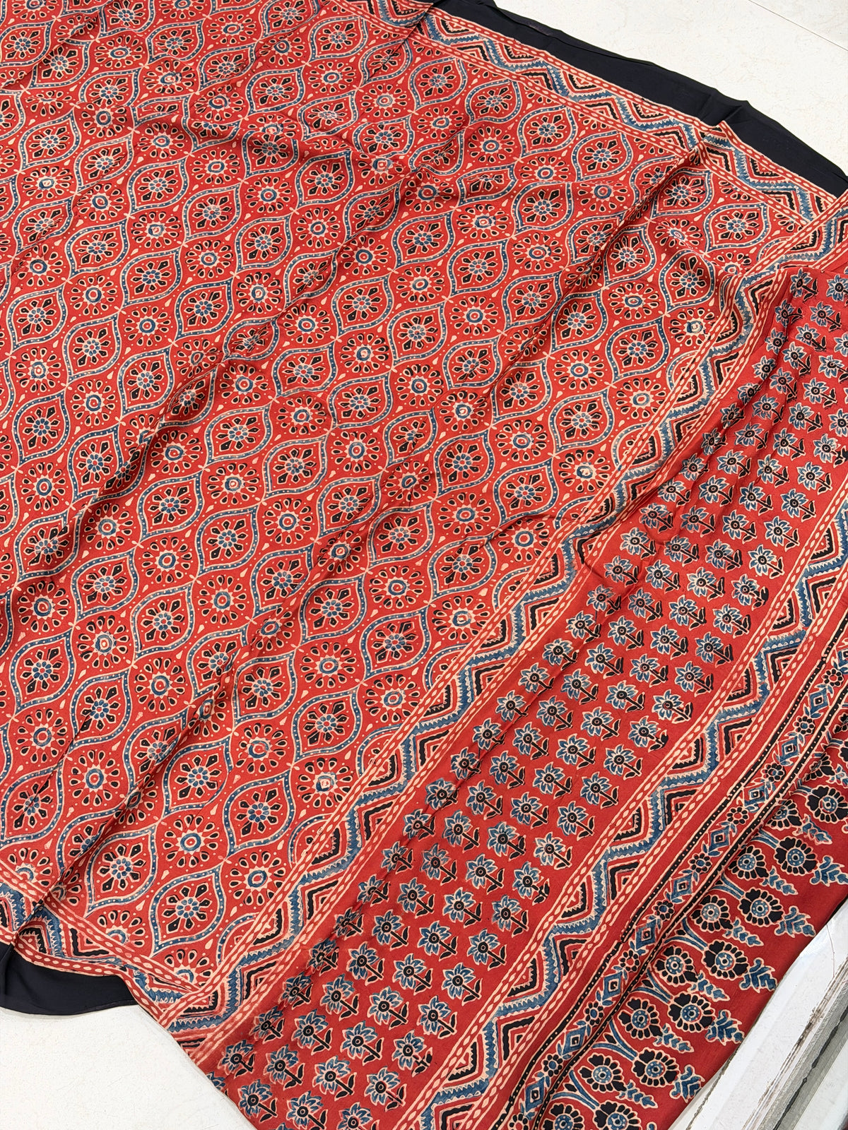 Red Badam Jaal Ajrakh Hand Block Print Pure Gajji Silk Dupatta