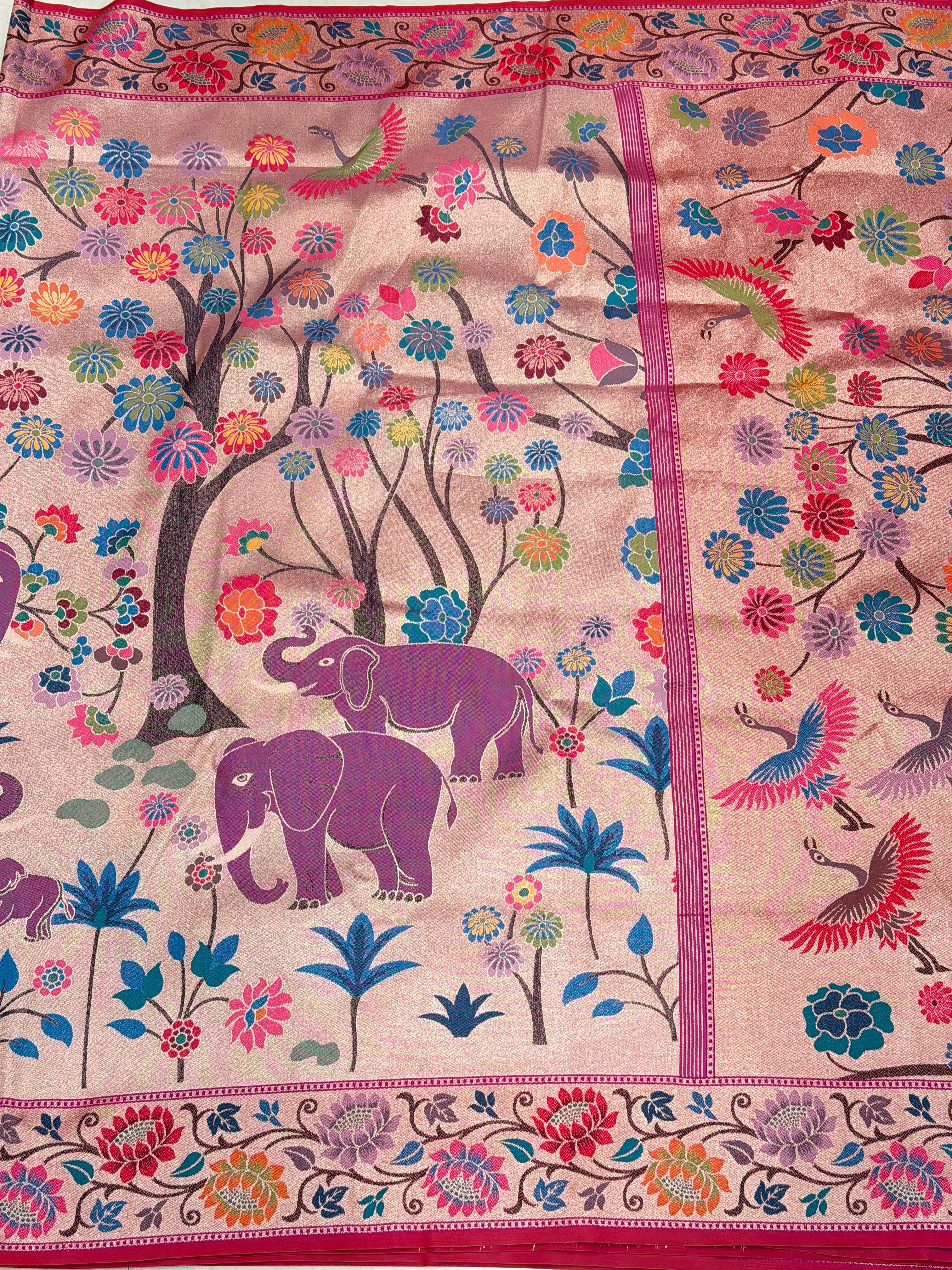 Golden Red Tissue Silk Paithani Meenakari Jaal Elephant Motif Saree