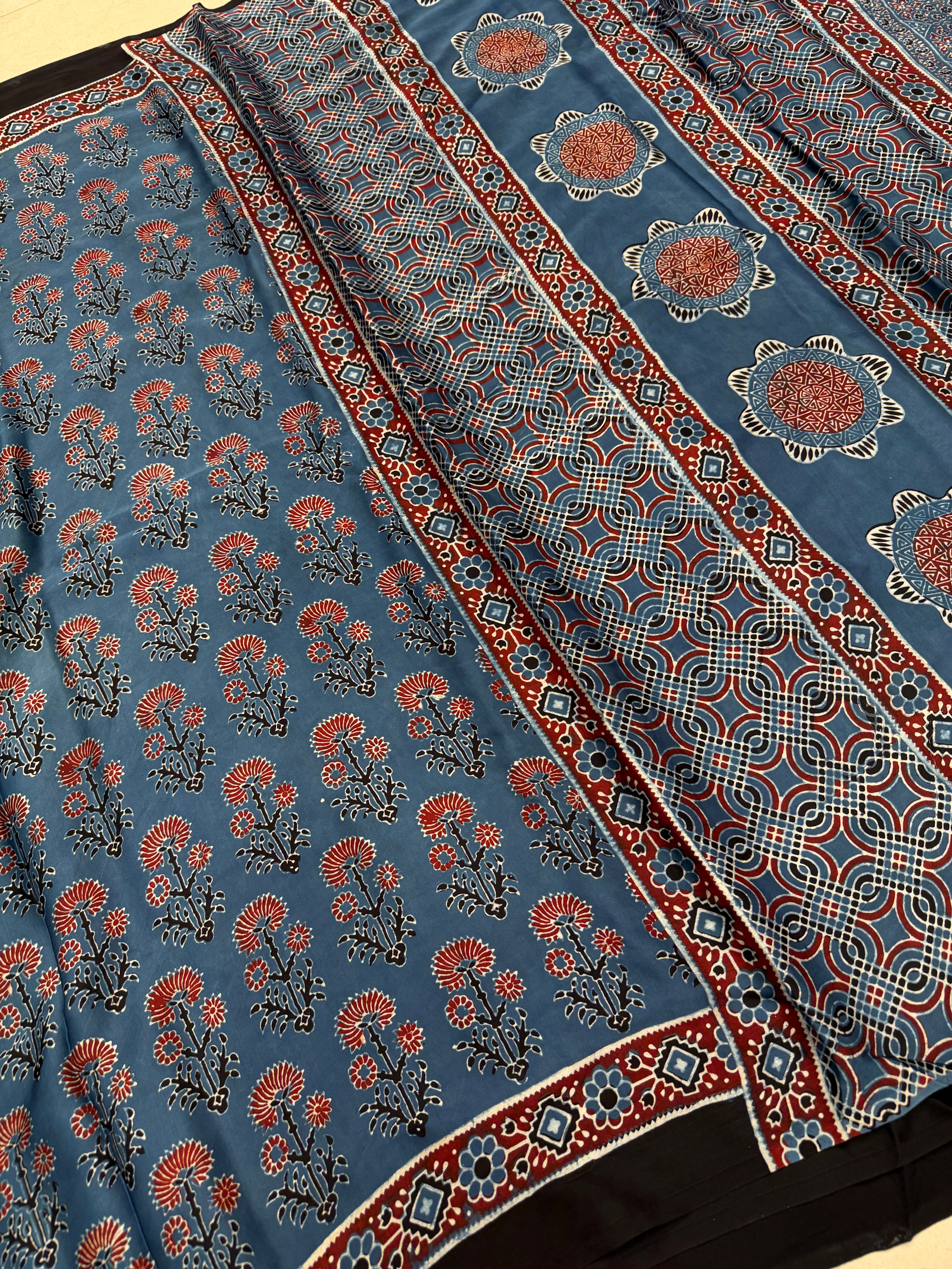Blue Buttas Ajrakh Hand Block Print Pure Gajji Silk Saree