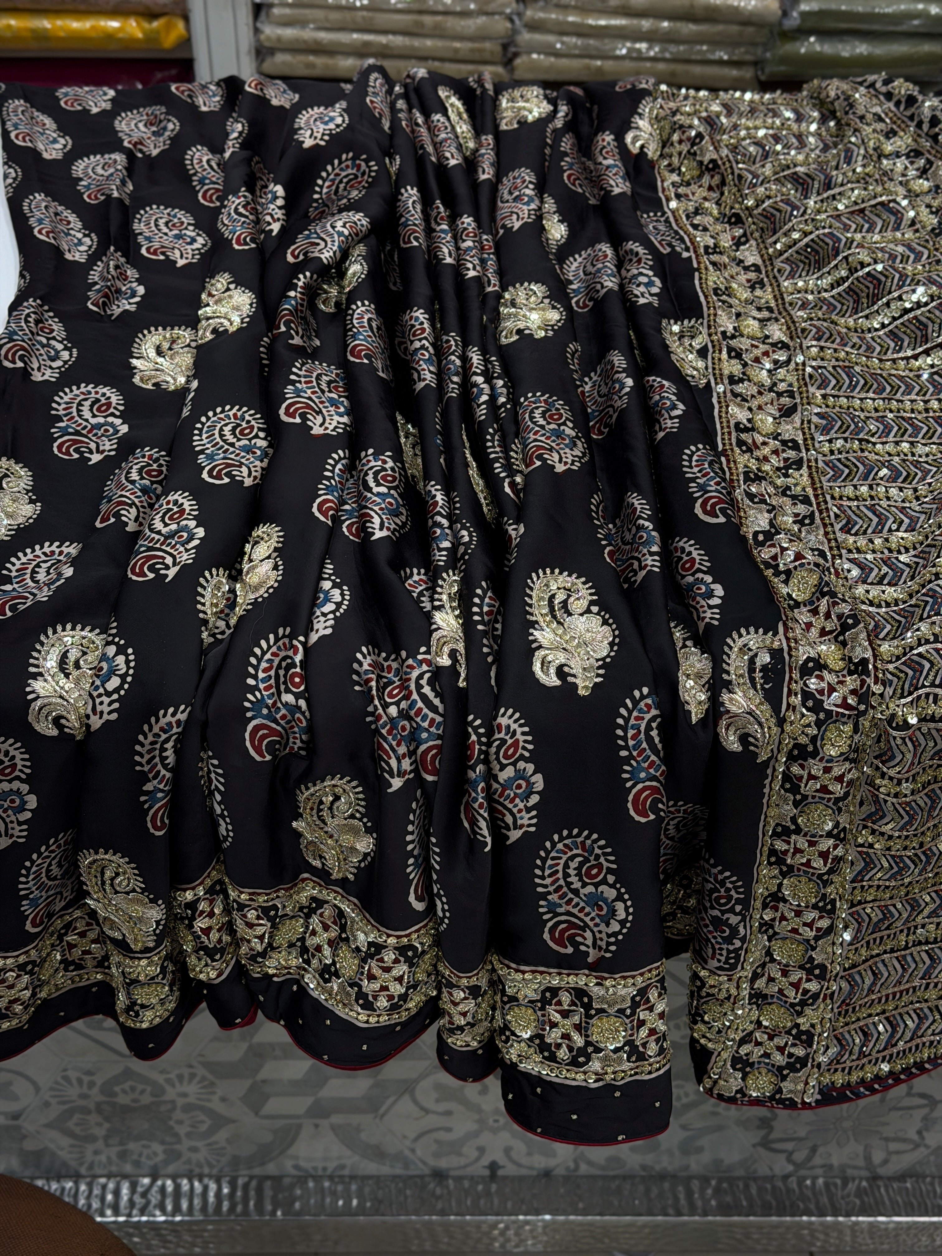Black Buttas Zardosi Pita Sequin Ajrakh Hand Embroidery Saree