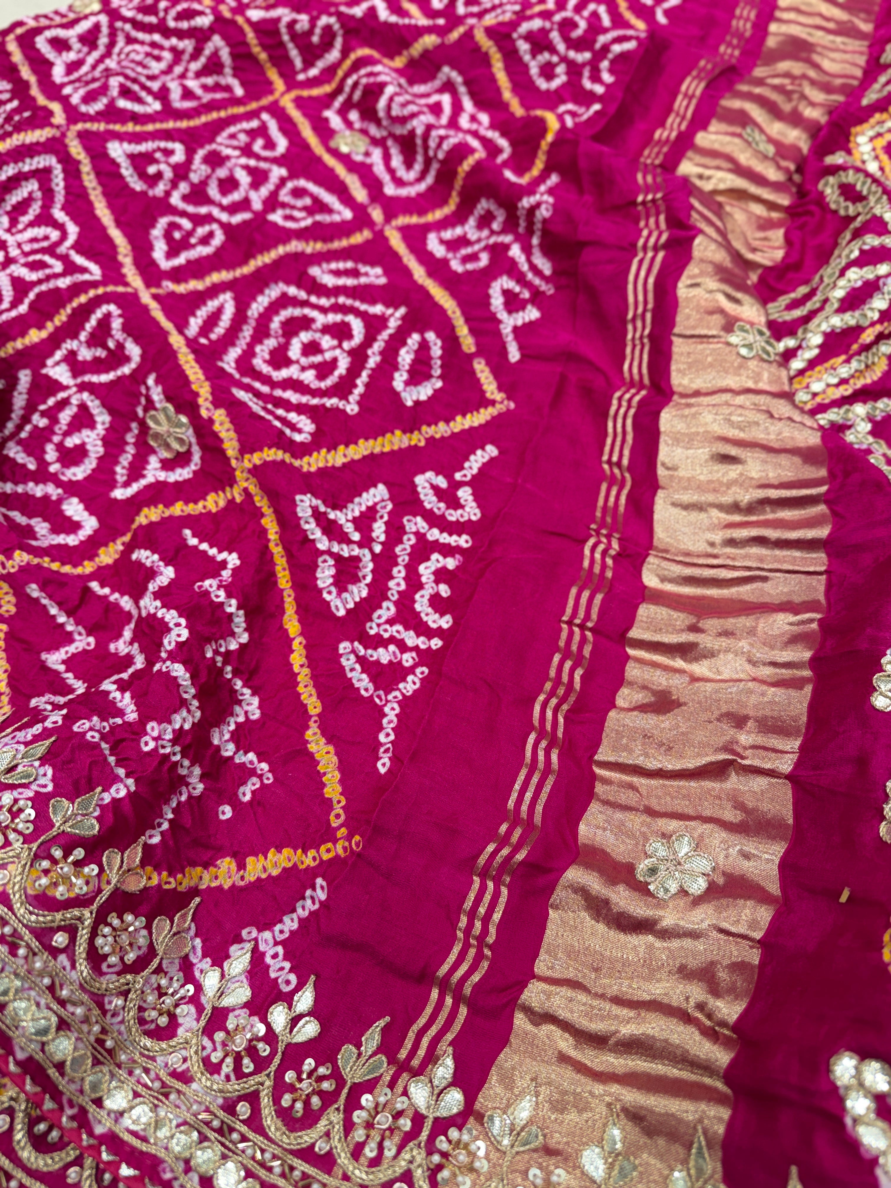 Rani Pink Gajji Silk Bandhej Gotapatti Hand Embroidery Saree