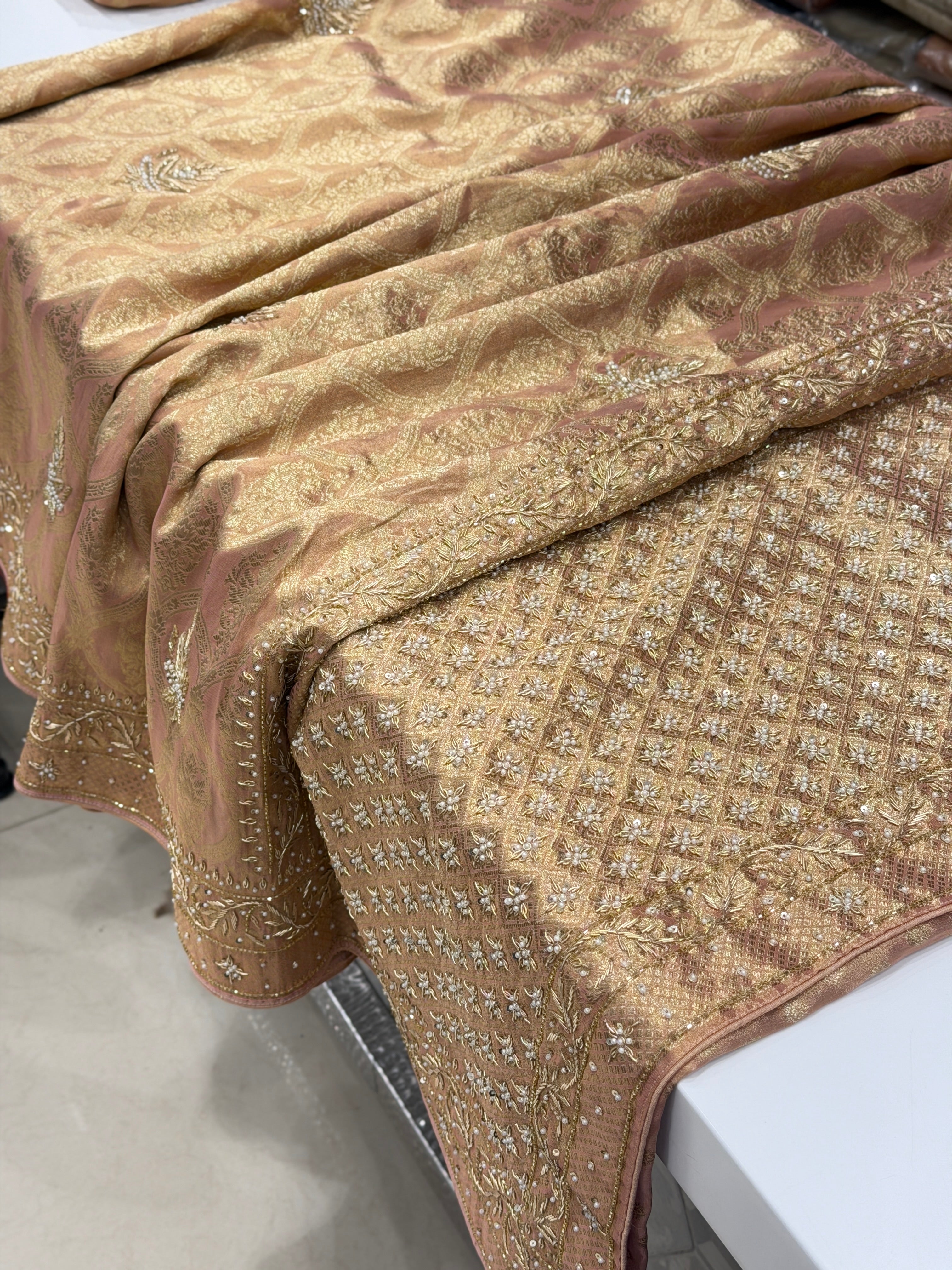 Nude Pink Crown Jaal Banarasi Zardosi Embroidery Saree