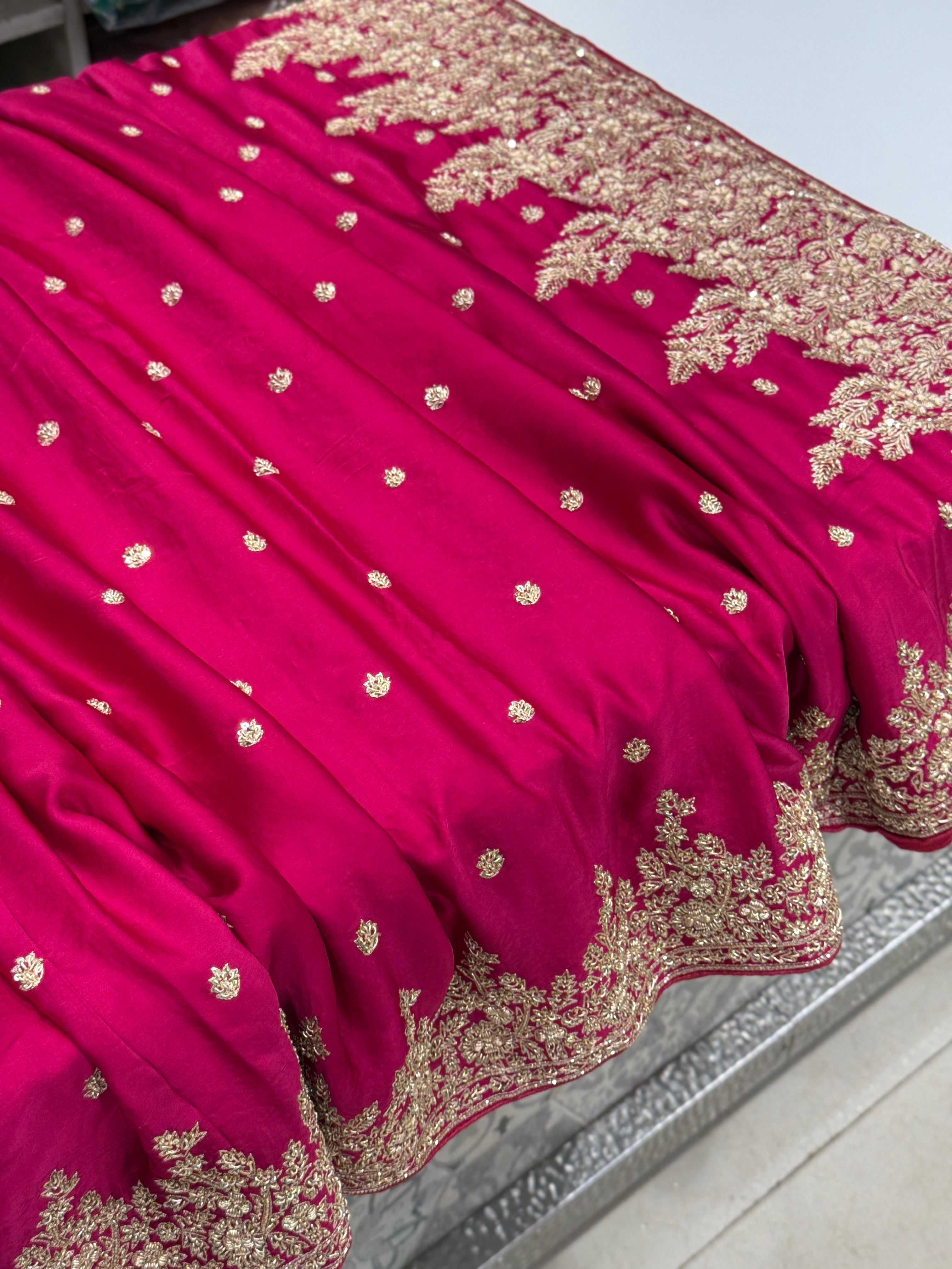 Rani Pink Small Buttis Satin Hand Embroidery Zardosi Saree