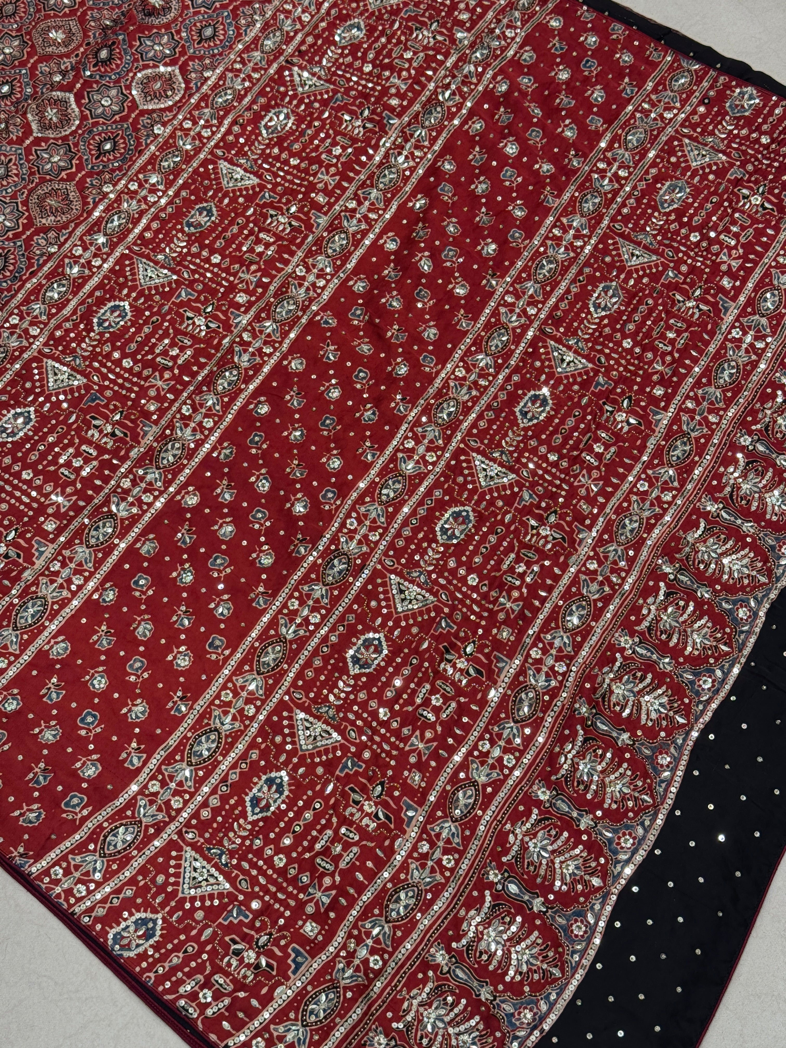 Red Ajrakh Badam Buttas Sequin Moti Hand Embroidery Saree