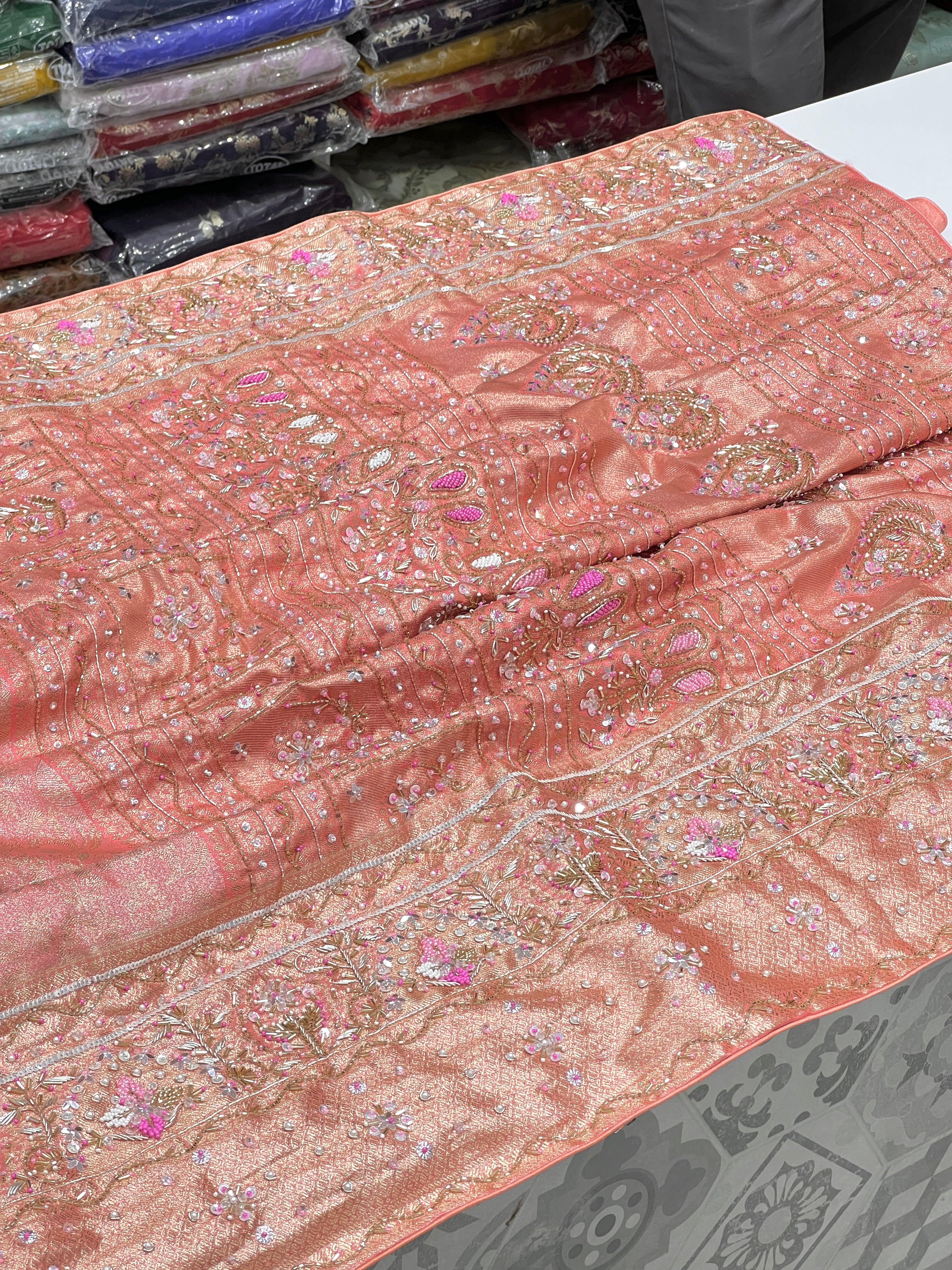 Peach Pink Kanjivaram Fancy Embroidery Saree