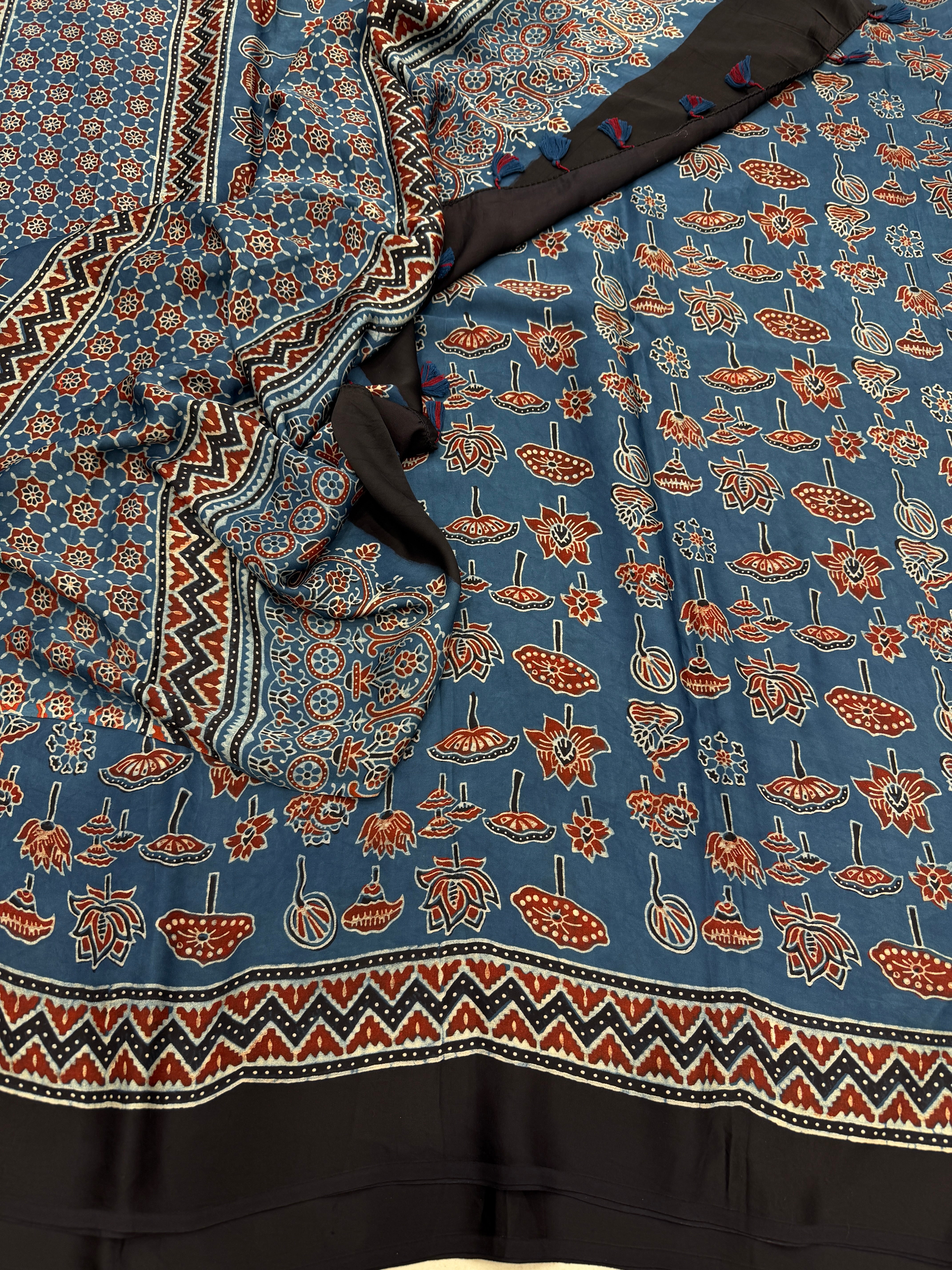 Blue Contemporary Ajrakh Hand Block Print Pure Gajji Silk Saree