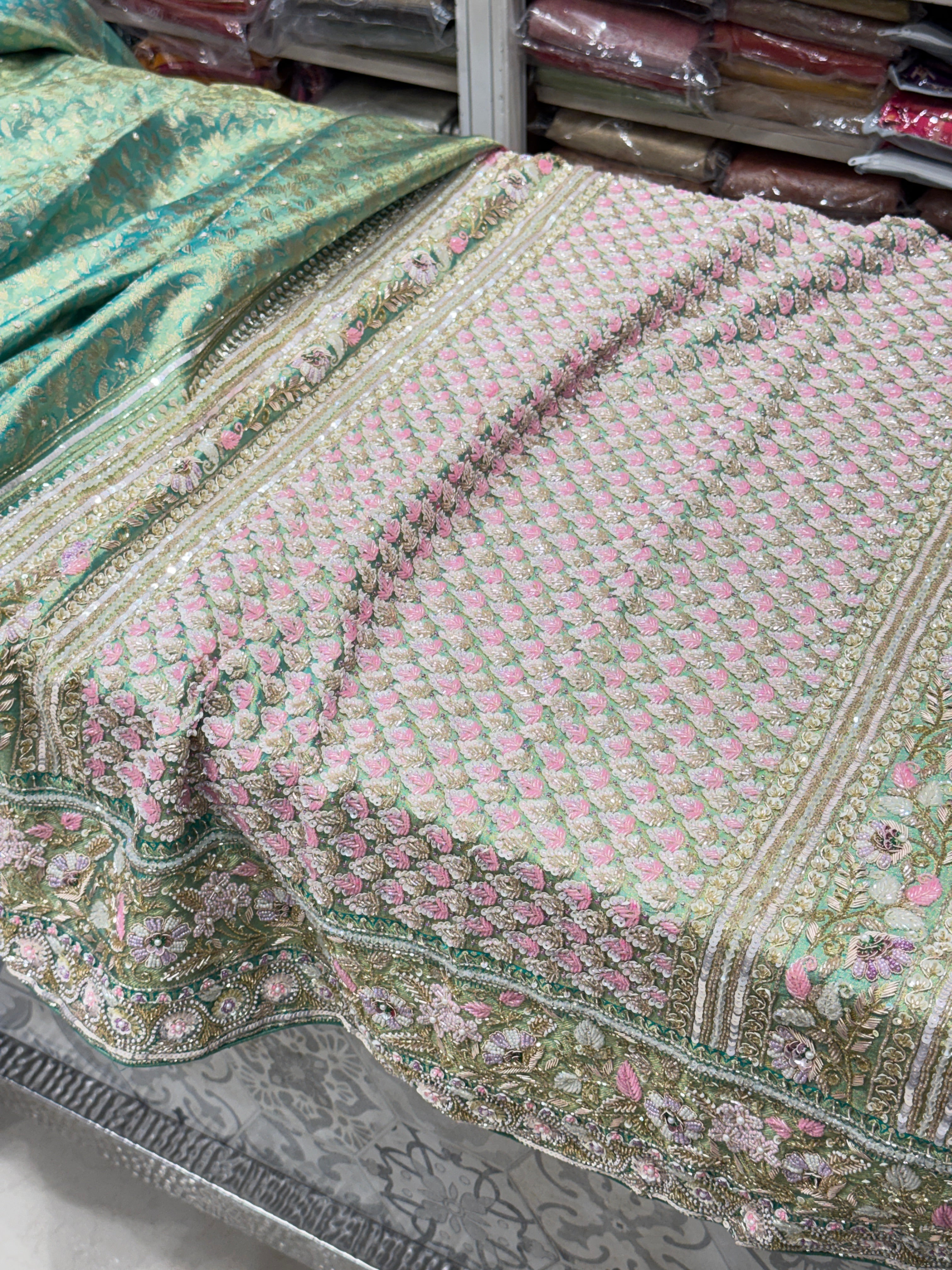 Pista Green Floral Tissue Kanjivaram Hand Embroidery Saree