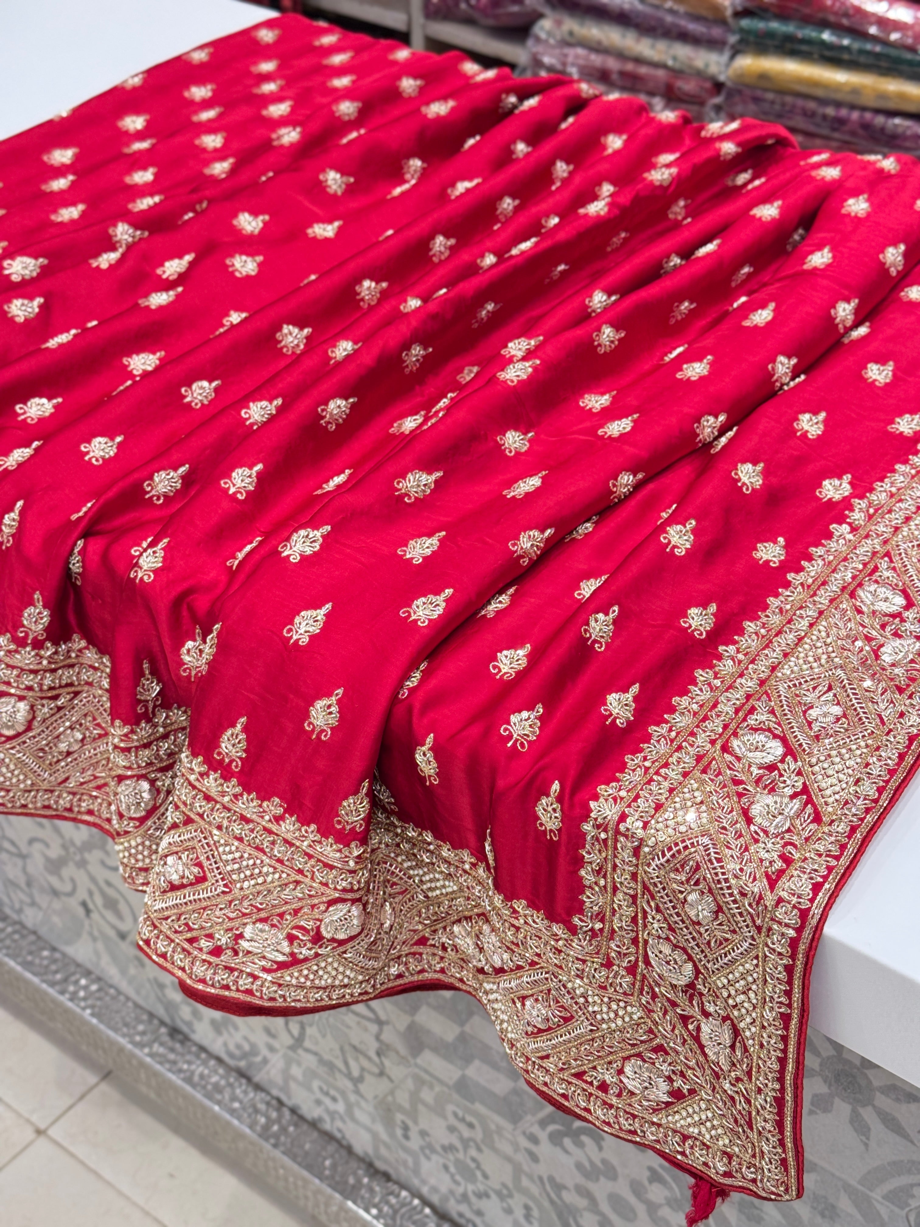 Red Hand Embroidery Buttis Pure Satin Zardosi Embroidery