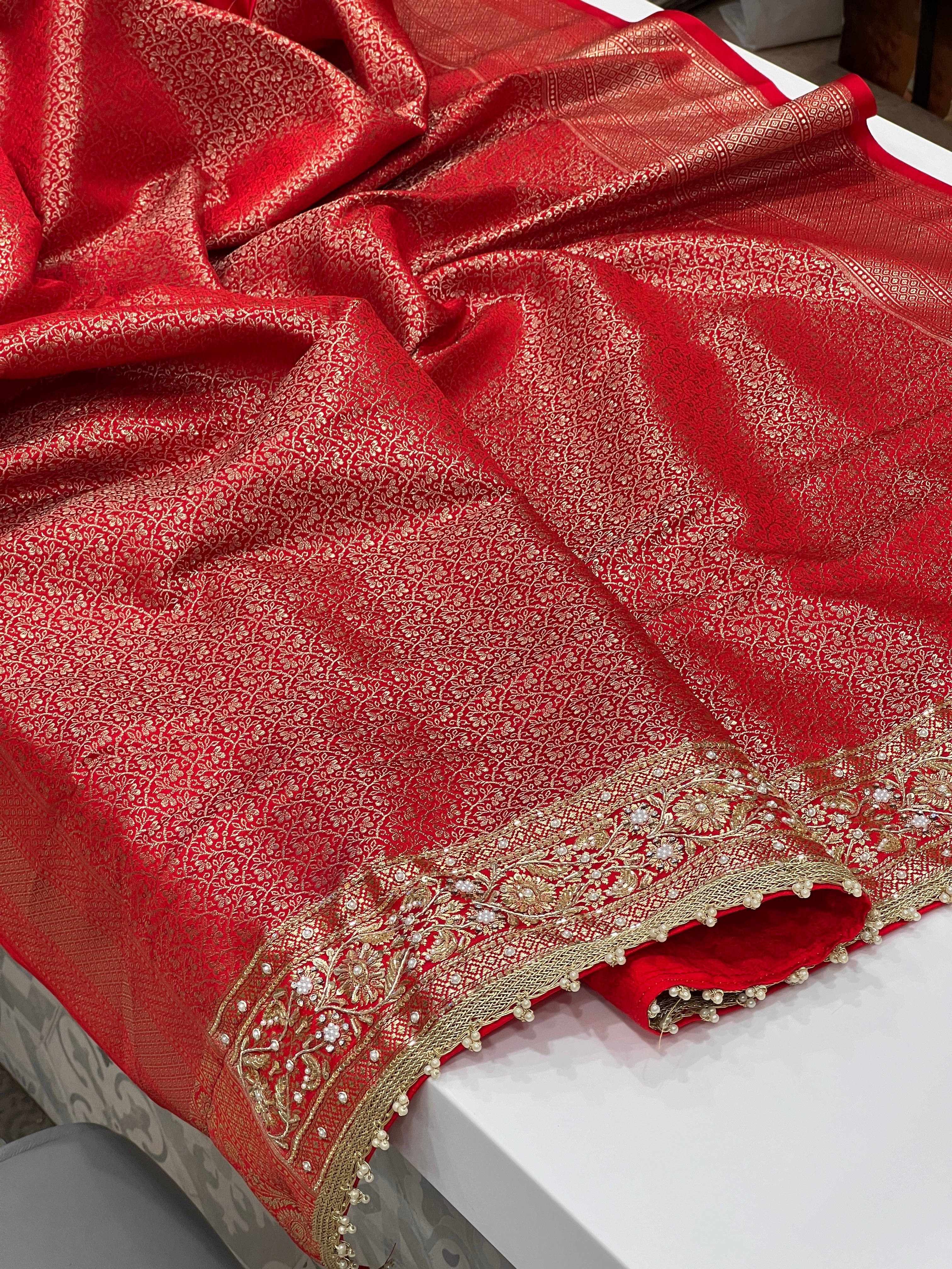 Red Banarasi Silk Flower Jaal Hand Embroidery Saree 2.0