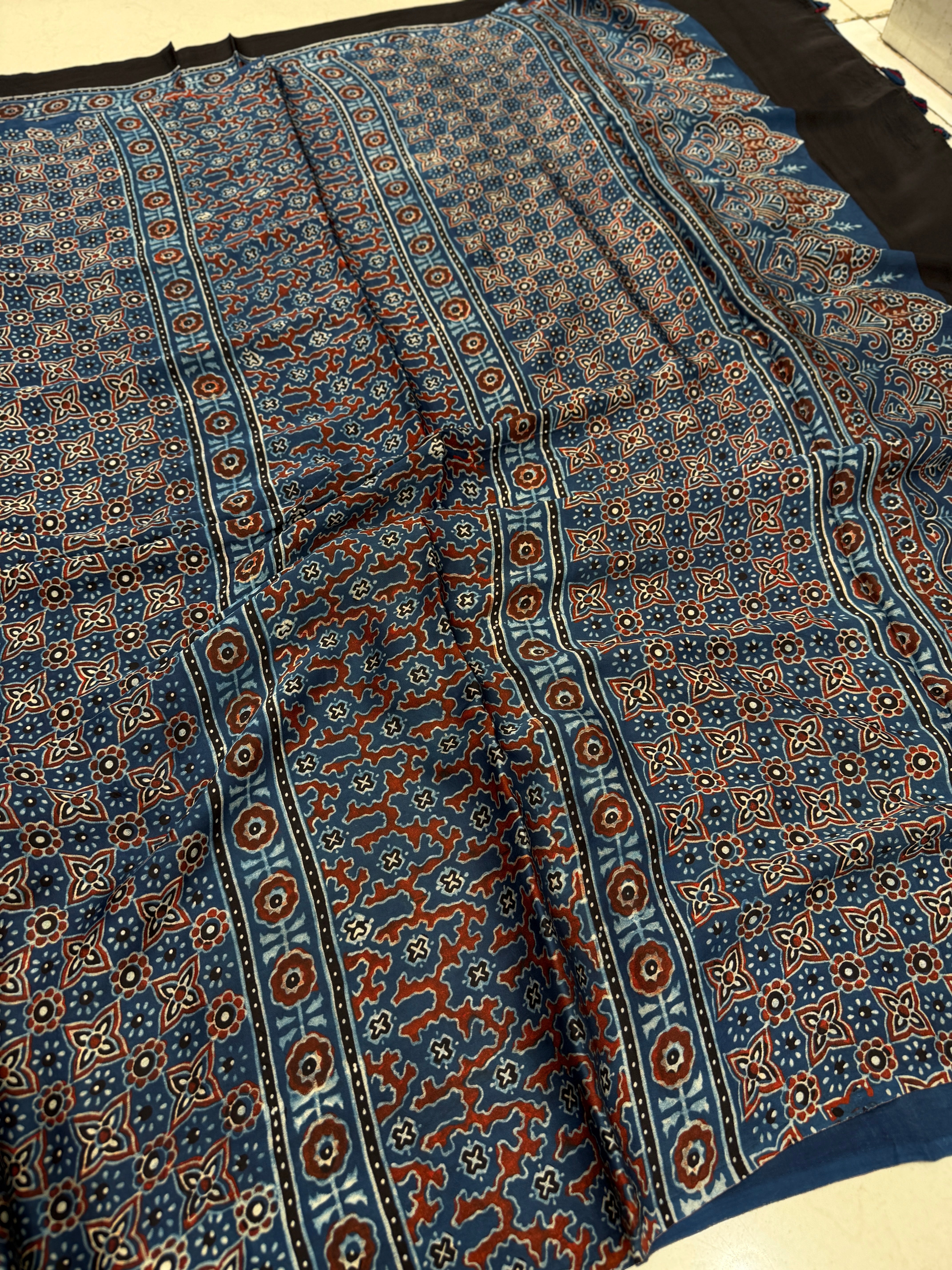 Black Plain Blue Border Ajrakh Hand Block Print Pure Modal Silk Saree