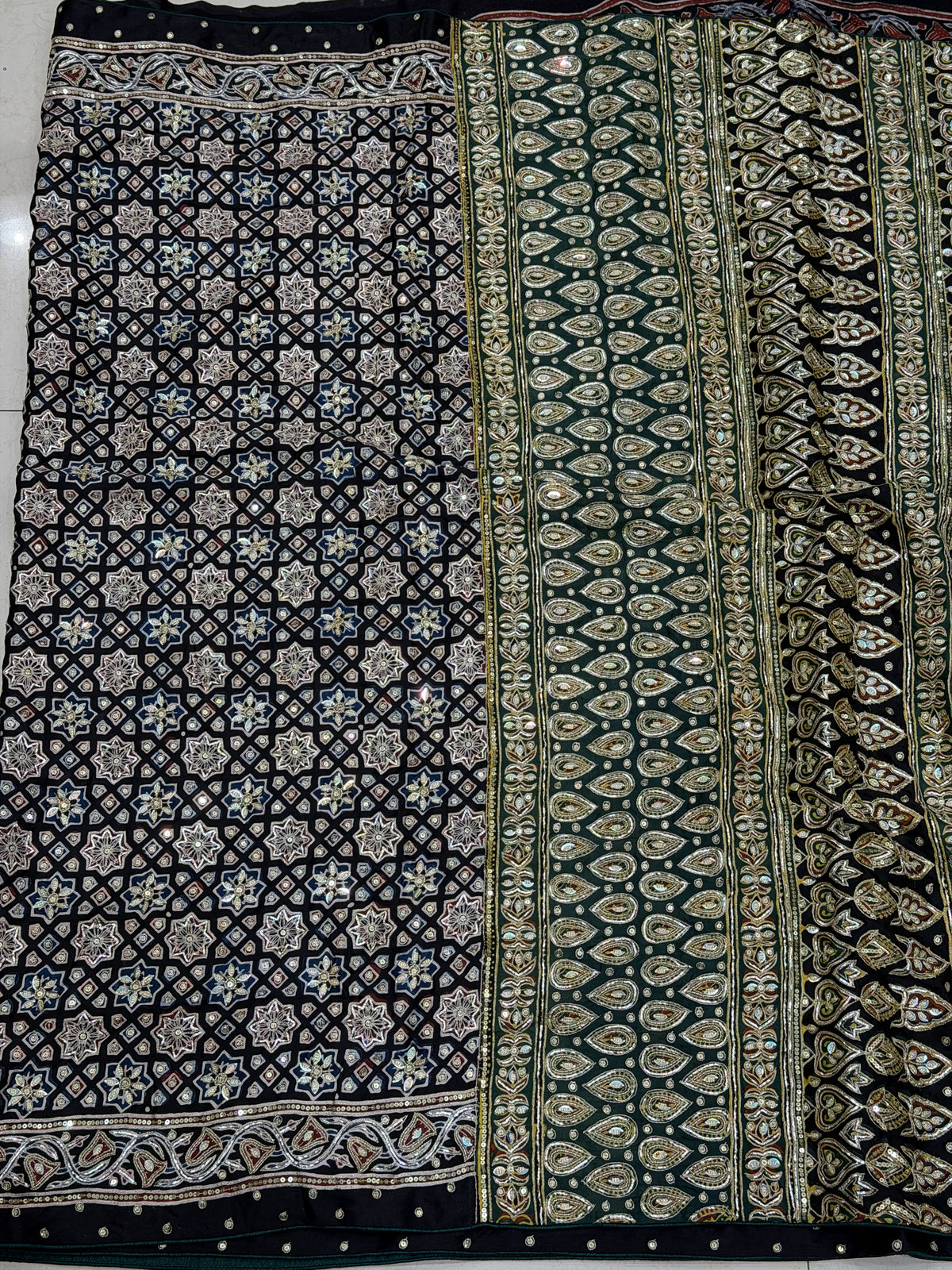 Black Green Pallu Jaal Pita Zardosi Sequin Ajrakh Hand Embroidery Saree