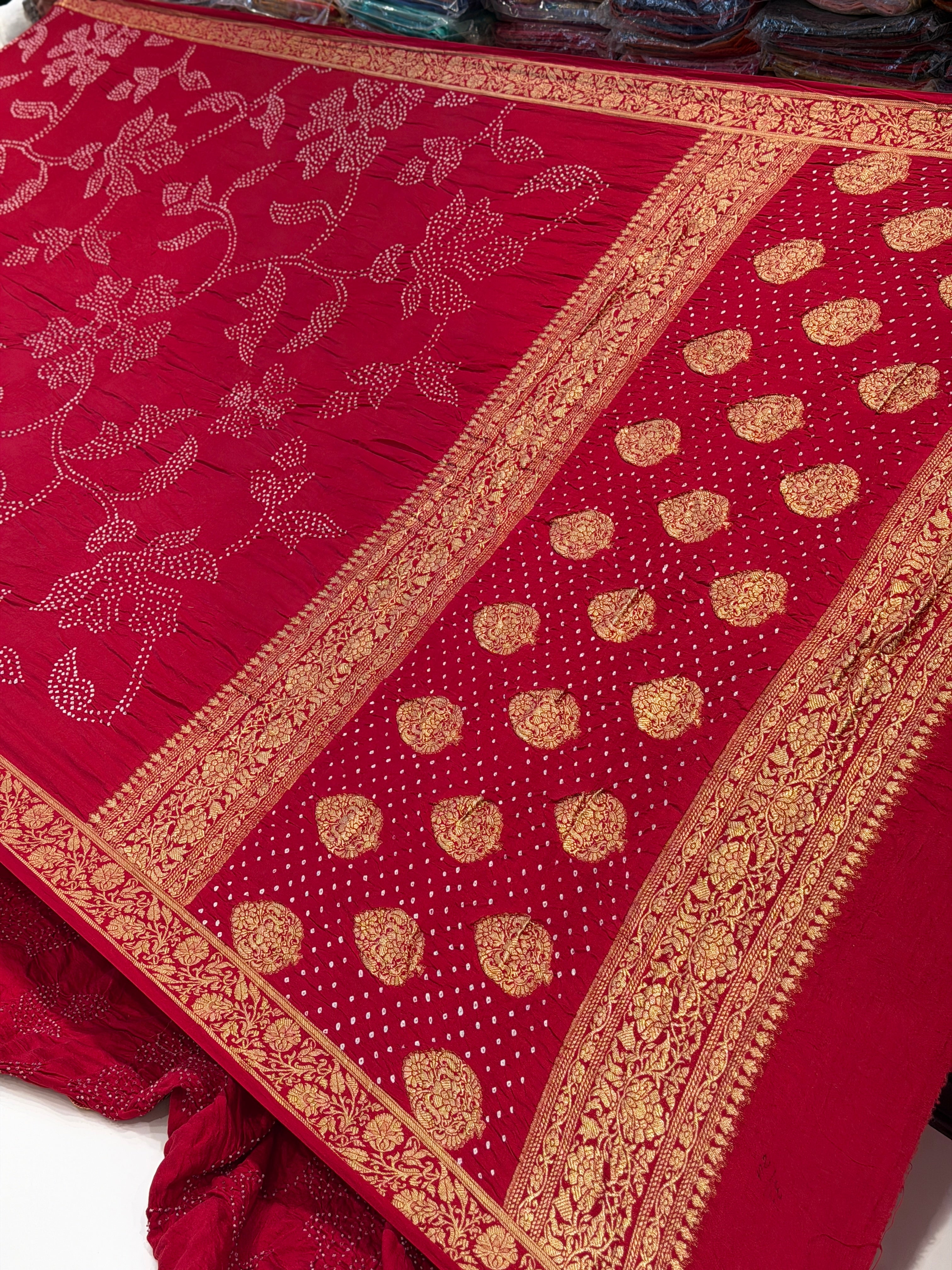 Red Ambadal Pure Gajji Silk Rai Bandhej Hand Made Saree
