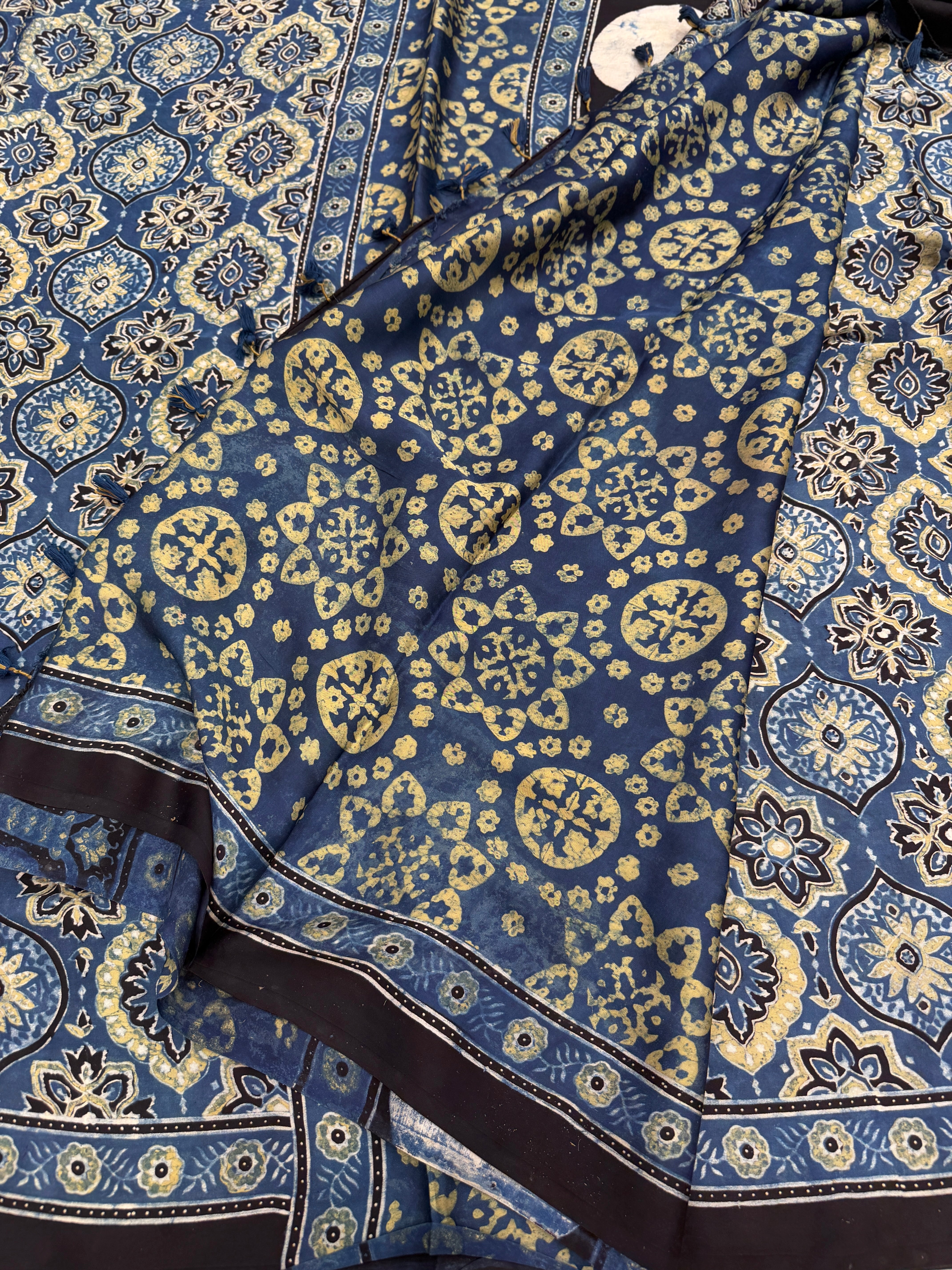 Blue Yellow Badam Jaal Ajrakh Hand Block Print Pure Gajji Silk Saree
