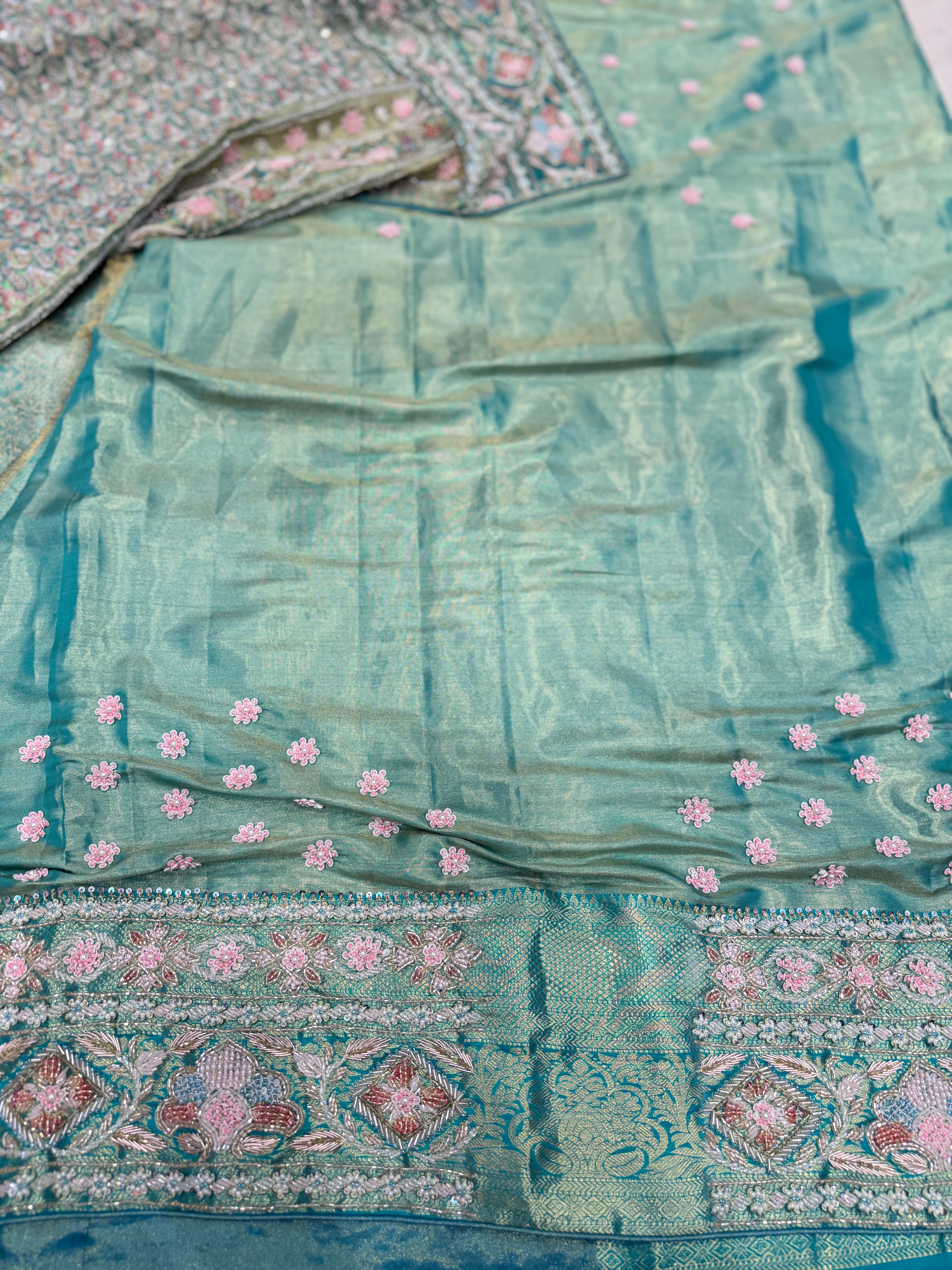 Pista Green Floral Tissue Kanjivaram Hand Embroidery Saree