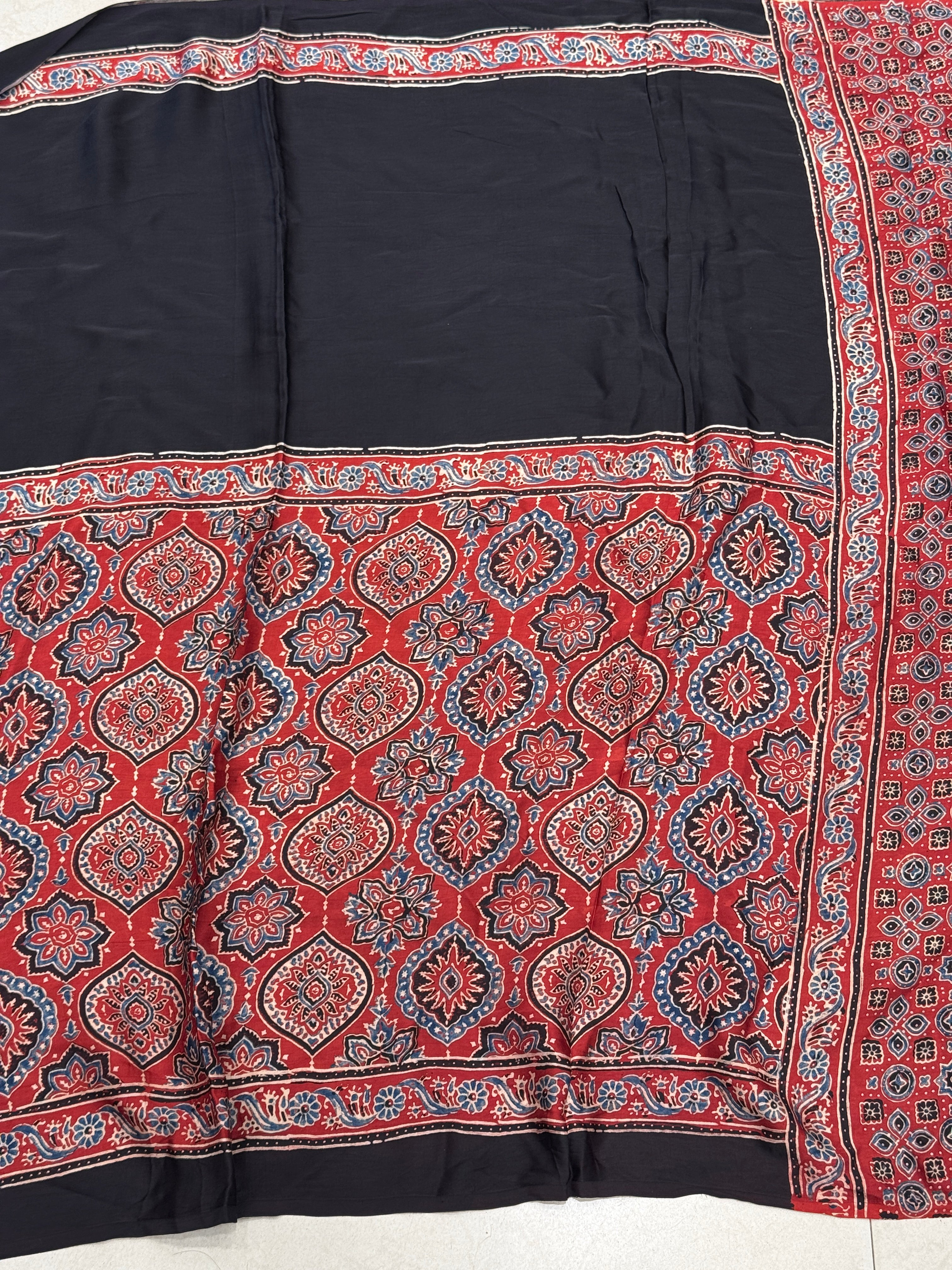Red Half Contemporary Ajrakh Hand Block Print Pure Gajji Silk Saree