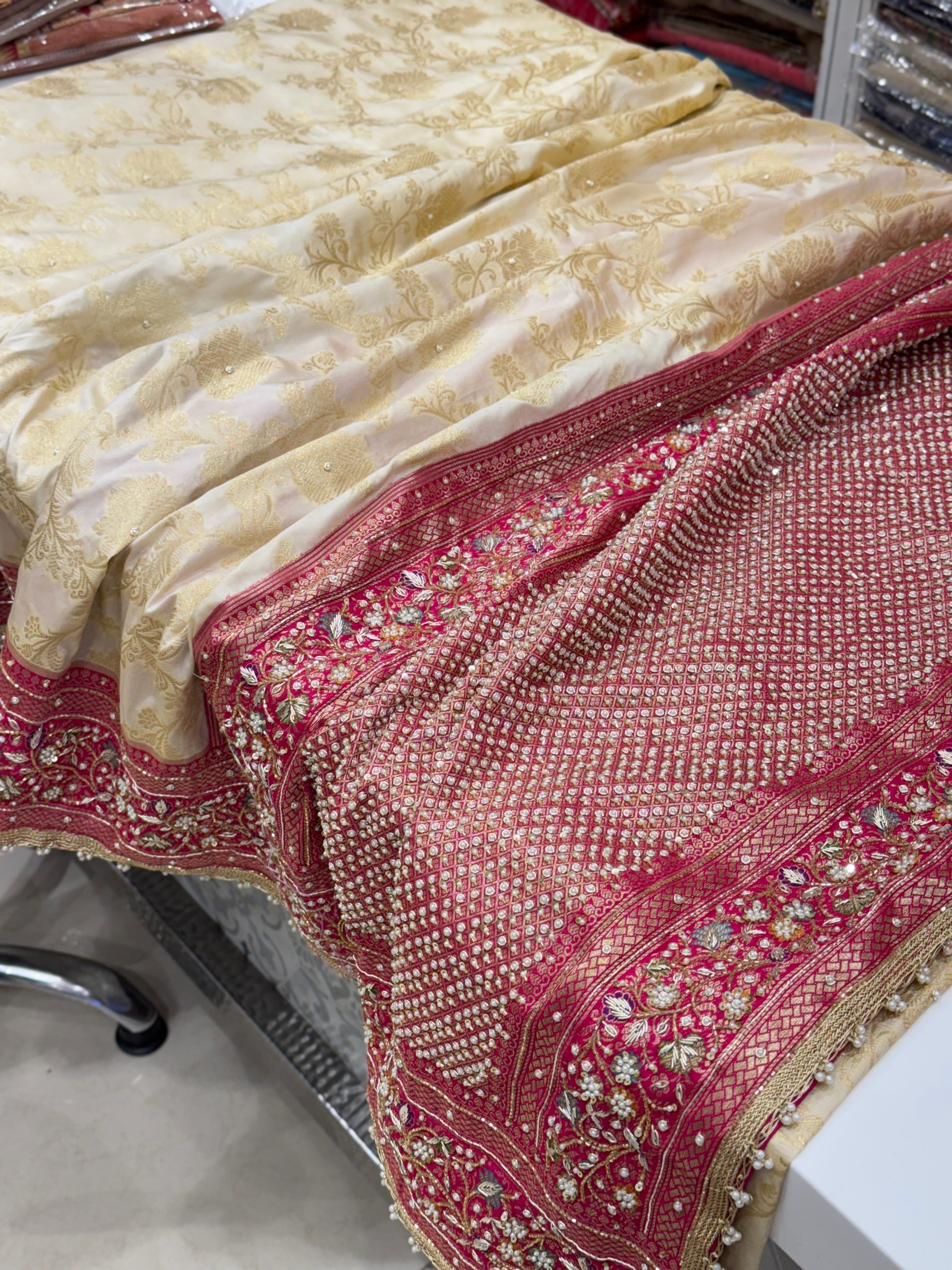 Beige Rani Banarasi Border Hand Embroidery Saree