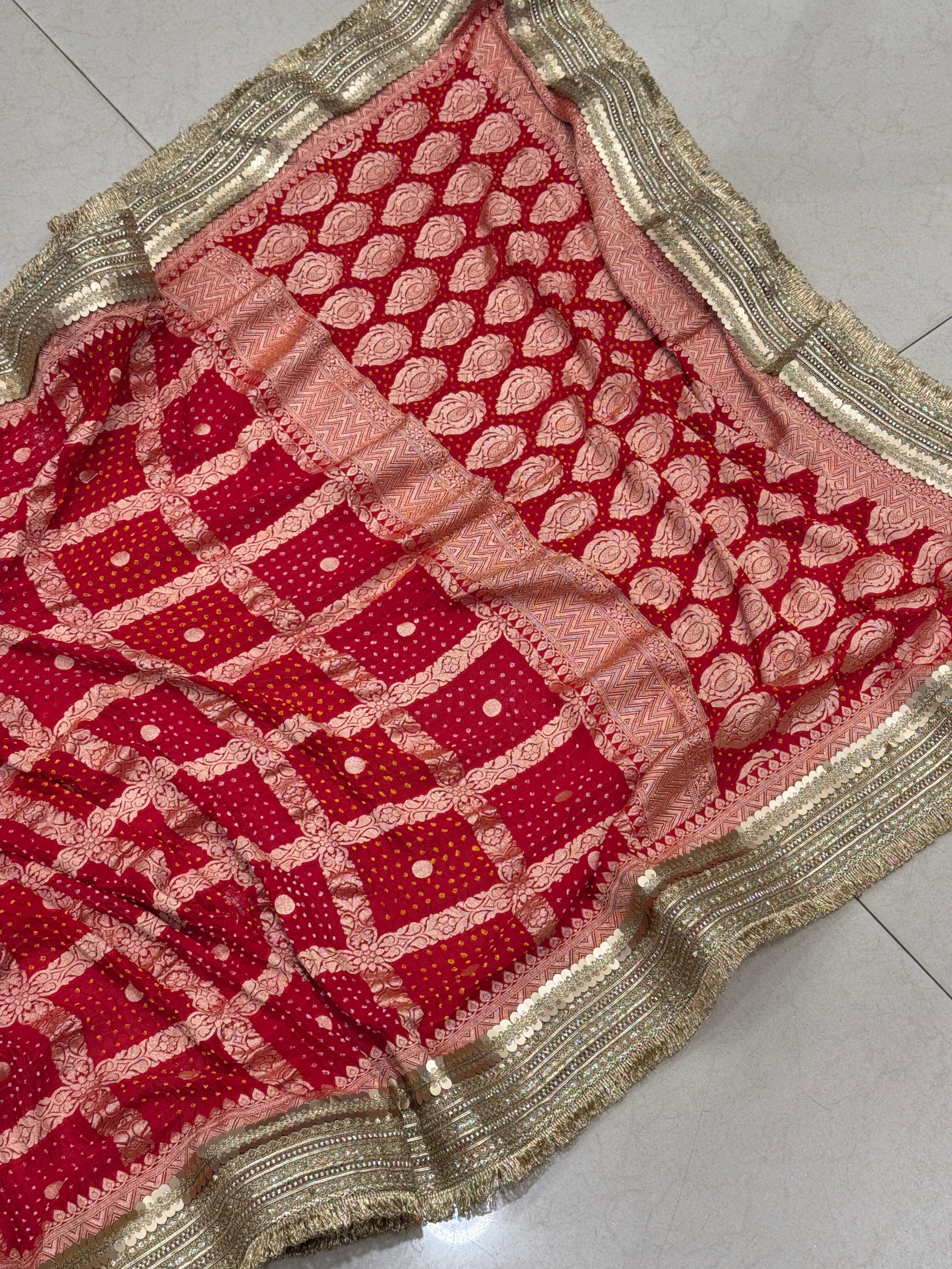 Red Bandhej Maharani Style Saree