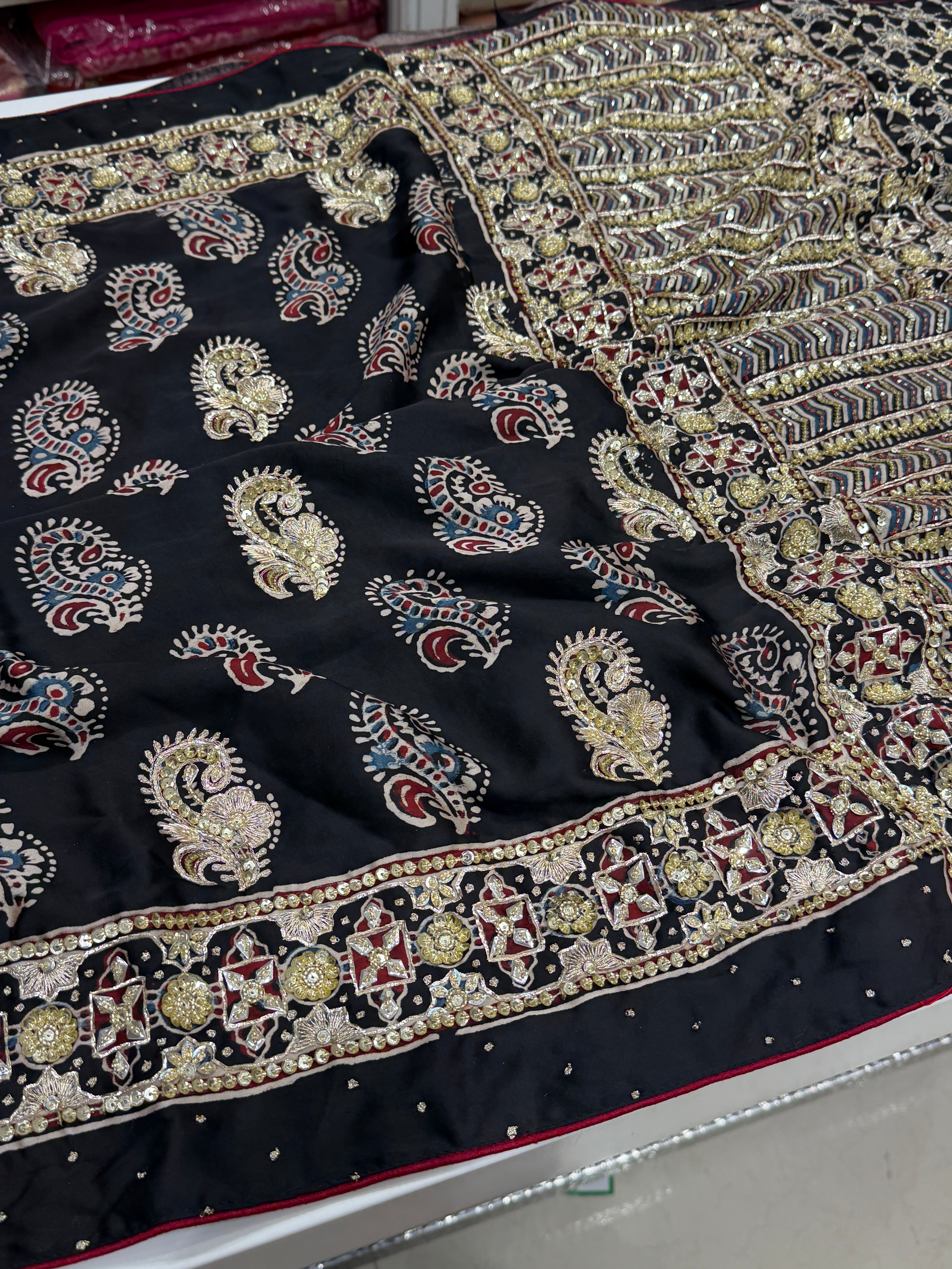 Black Buttas Zardosi Pita Sequin Ajrakh Hand Embroidery Saree