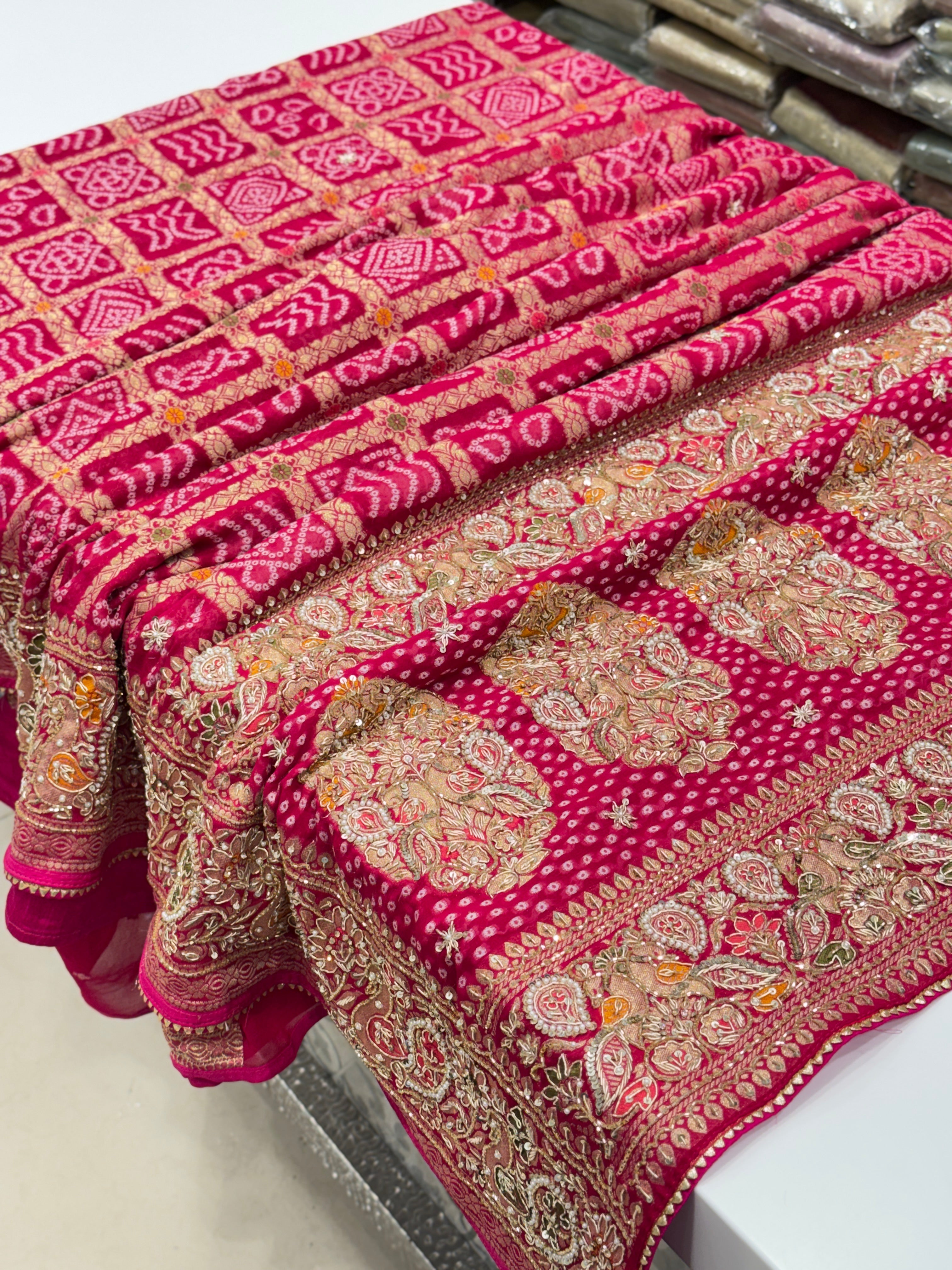 Rani Gharchola Weaved Bandhej Georgette Zardosi Hand Embroidery Saree