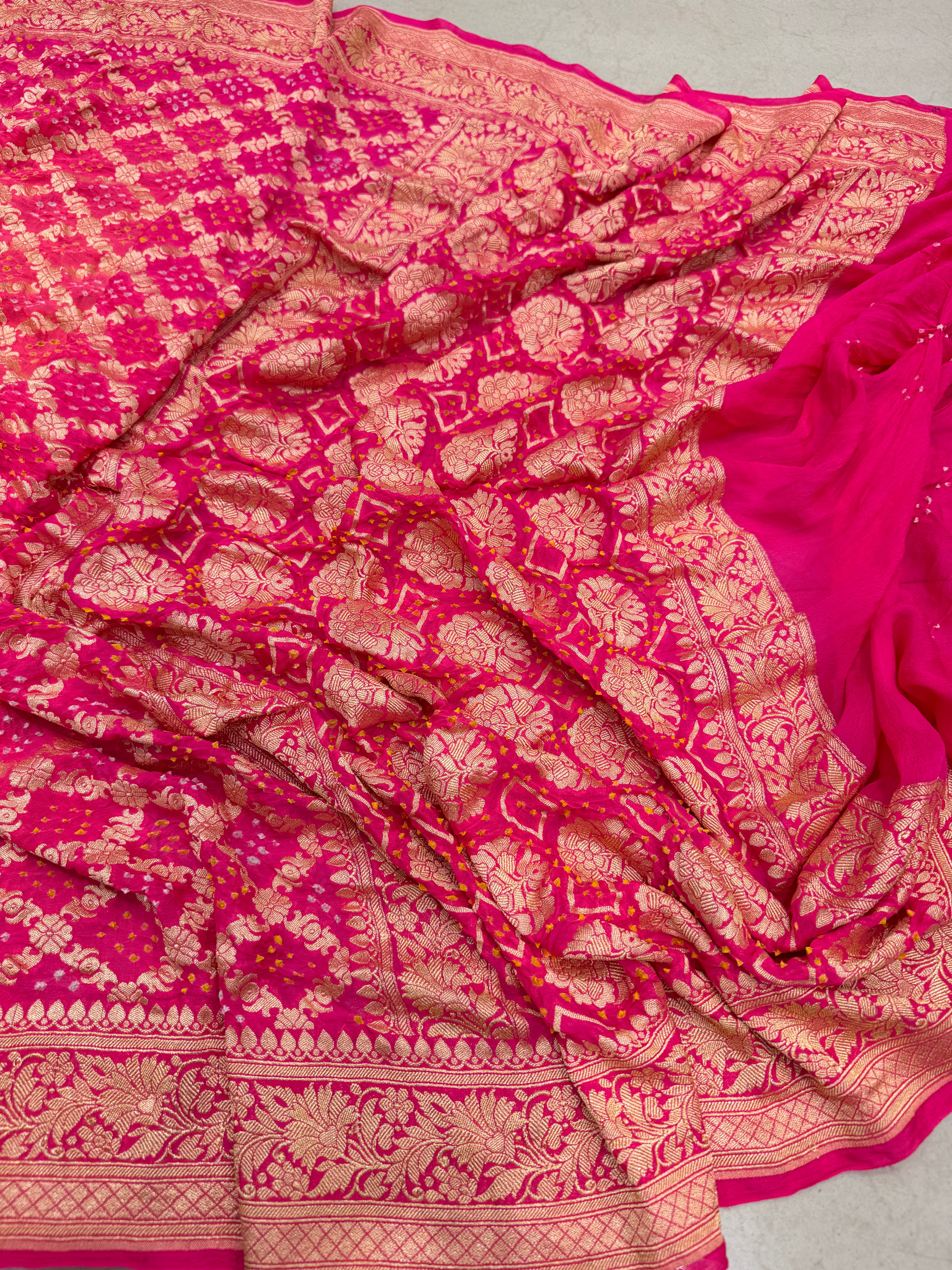 Strawberry Peach Shaded Bandhej Bandhini Saree