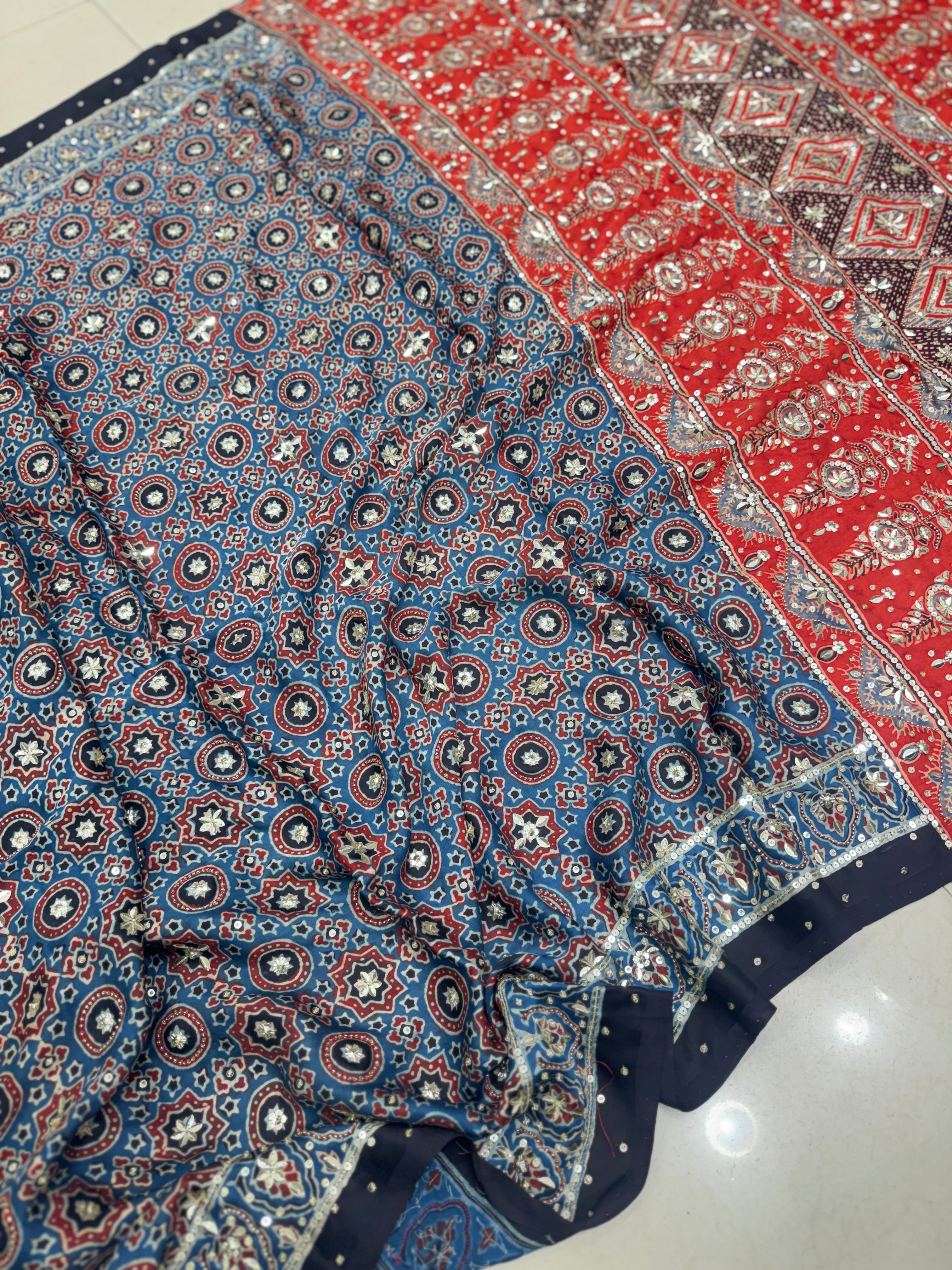 Blue Red Four Square Moti Sequin Ajrakh Hand Embroidery Saree