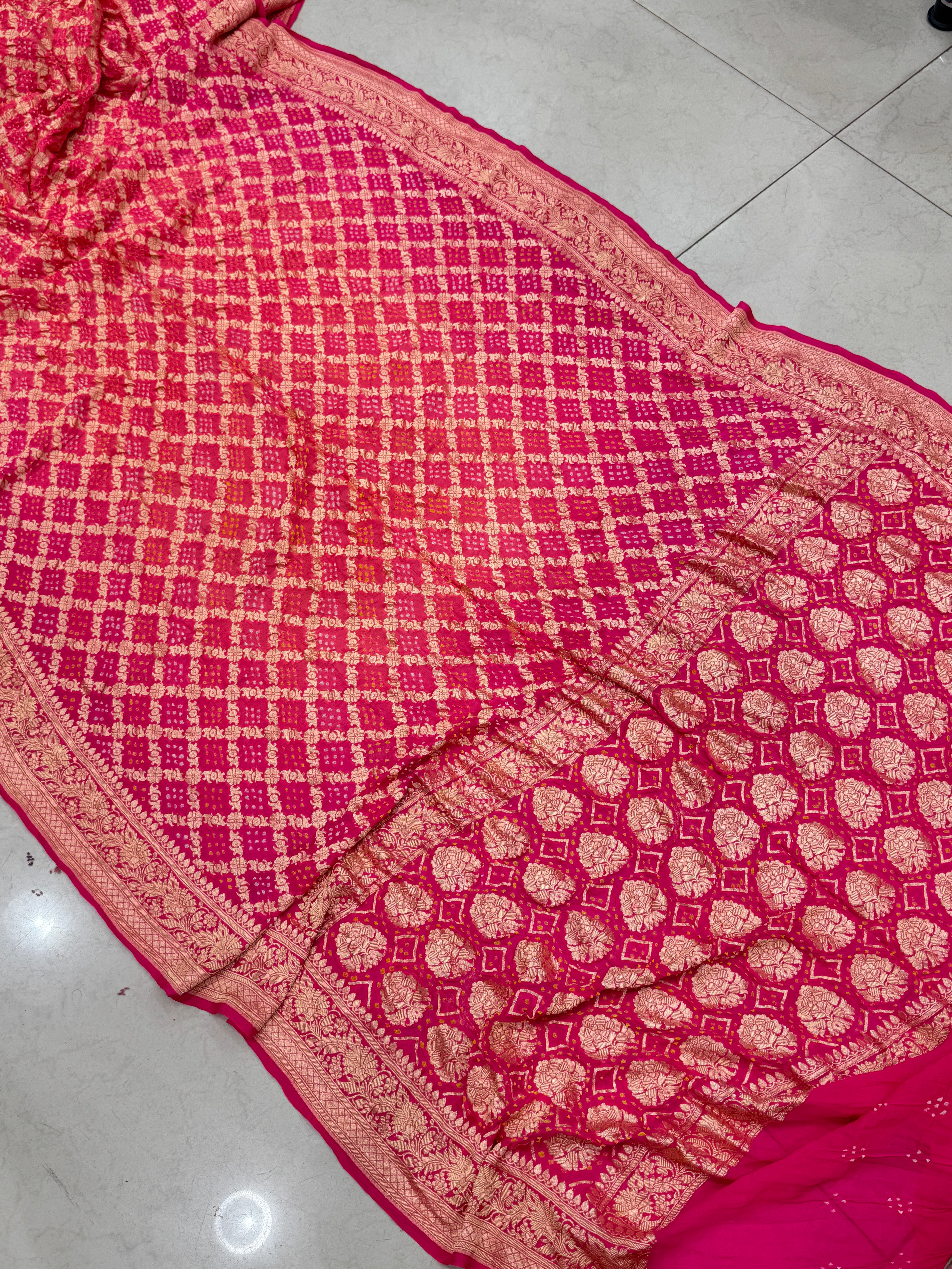 Strawberry Peach Shaded Bandhej Bandhini Saree