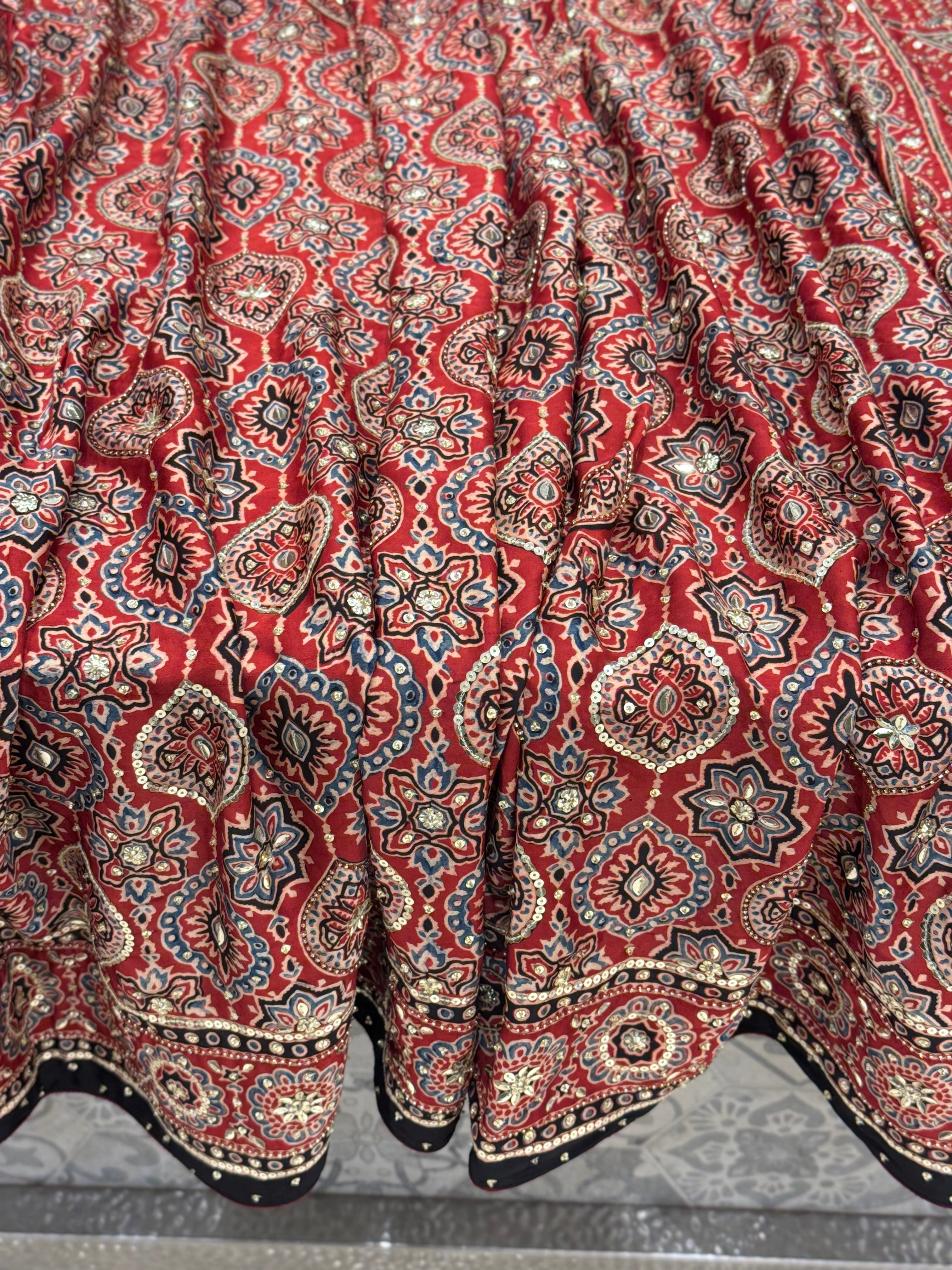 Red Ajrakh Badam Buttas Sequin Moti Hand Embroidery Saree