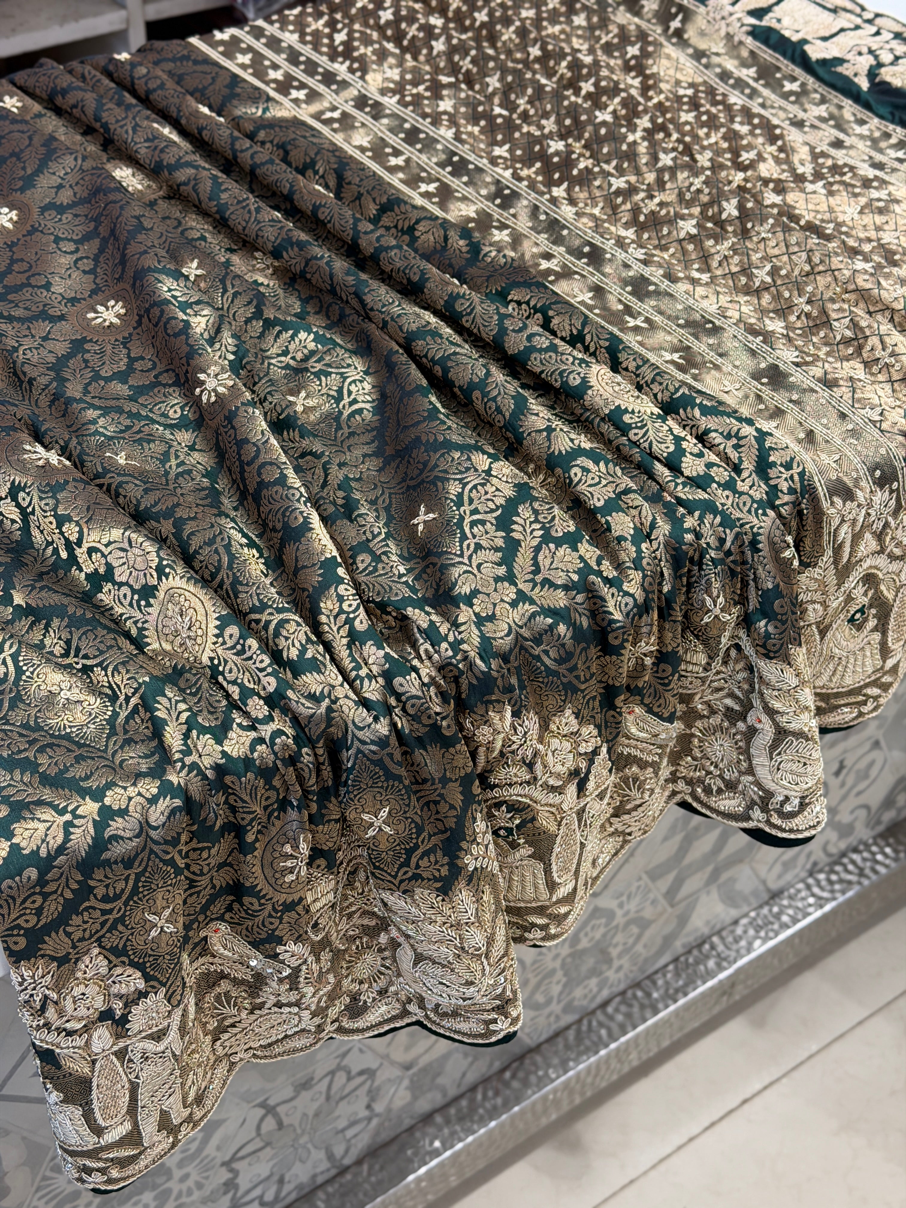 Bottle Green Handloom Banarasi Pure Katan Doli Zardosi Embroidery Saree