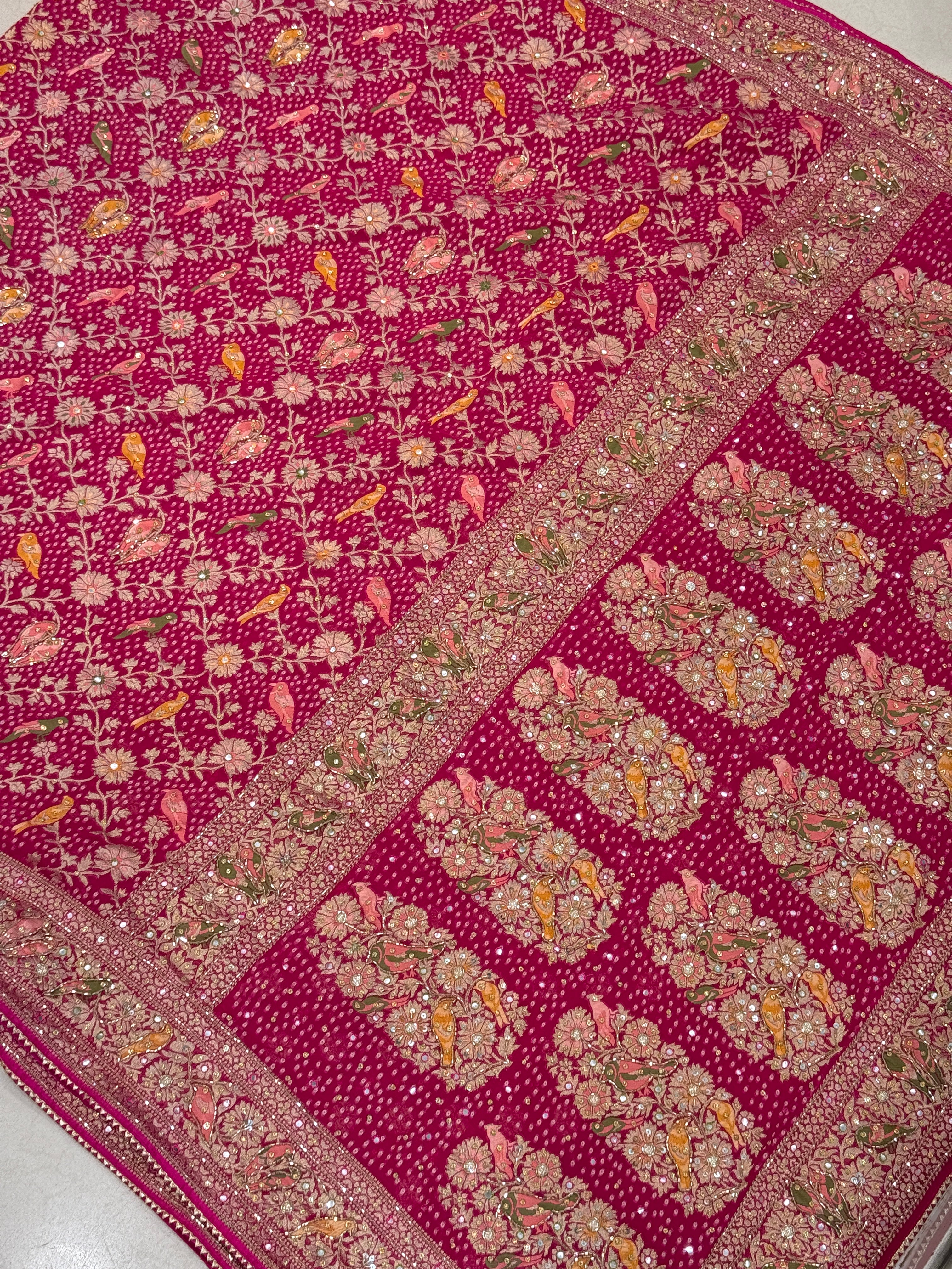 Rani Woven Bandhej  Meenakari  Parrot Motif Hand Embroidery Saree